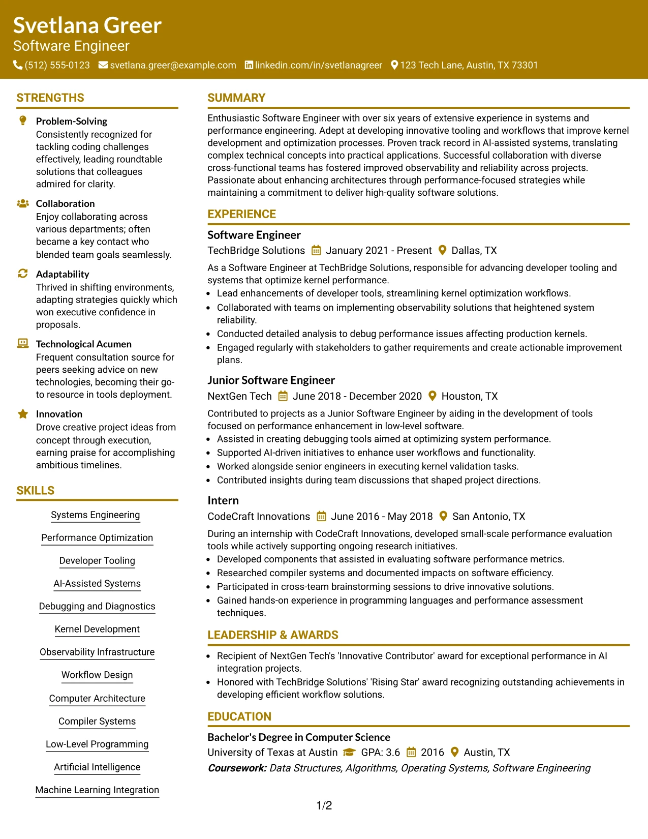 Resume Example Page 1