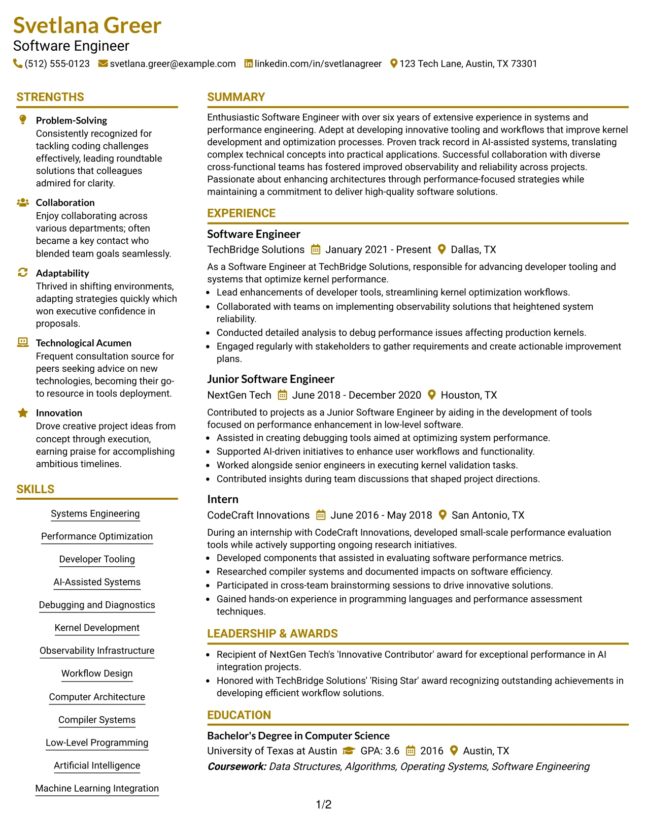 Resume Example Page 1