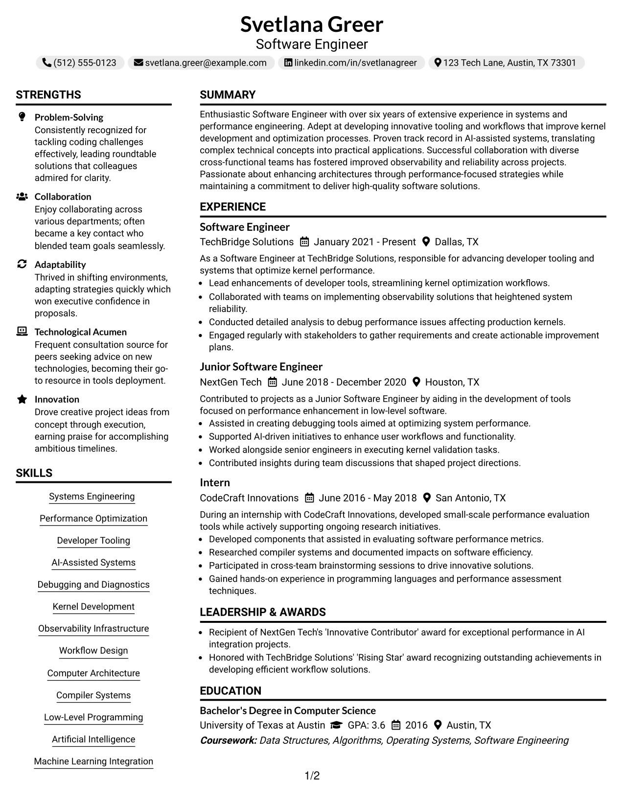 Resume Example Page 1