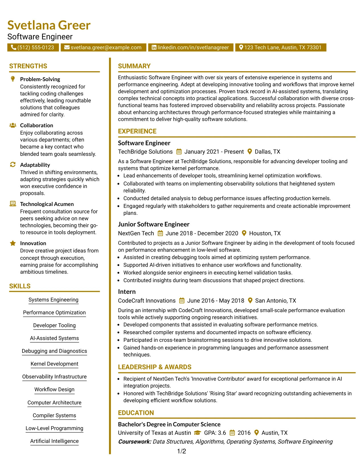 Resume Example Page 1