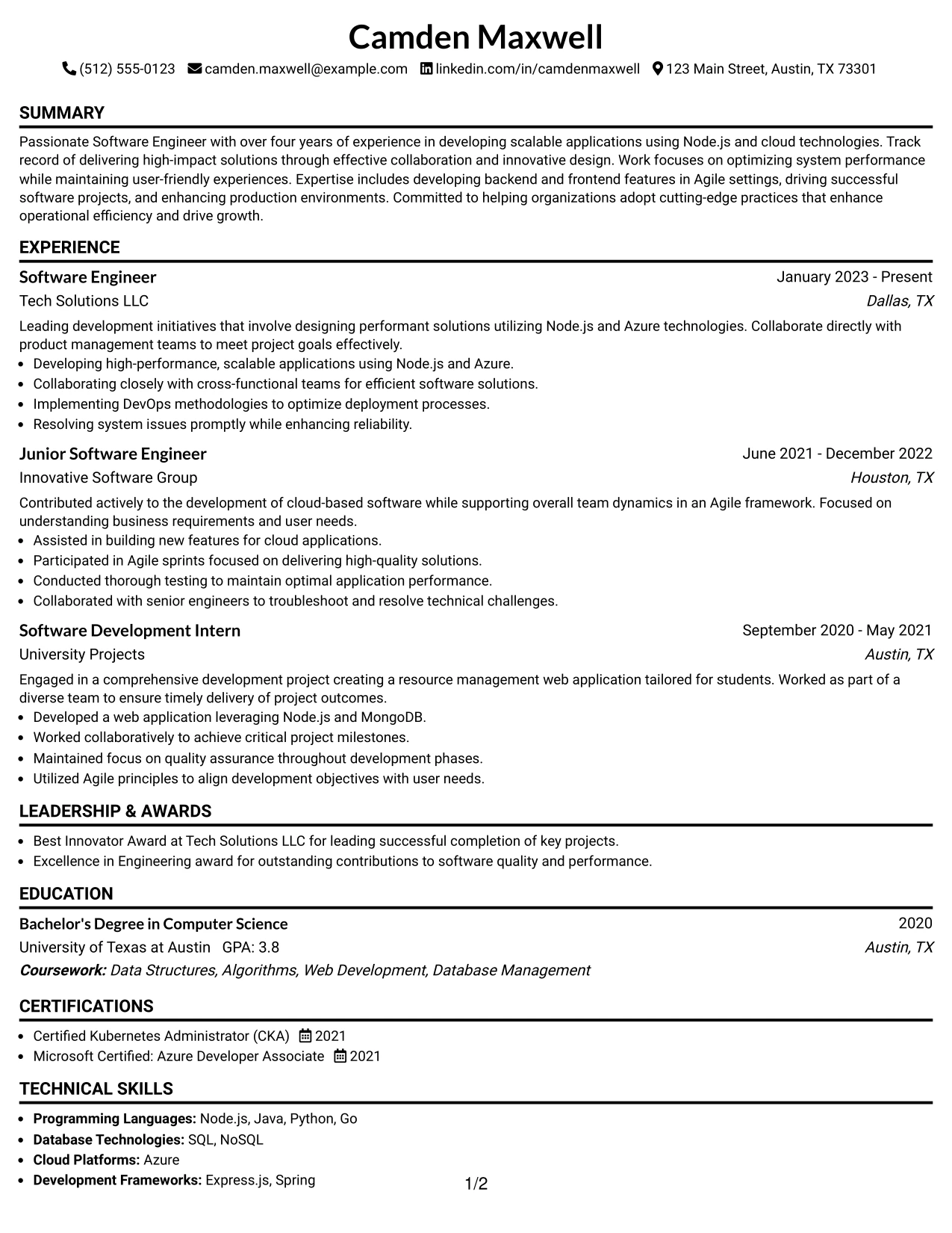 Resume Example Page 1