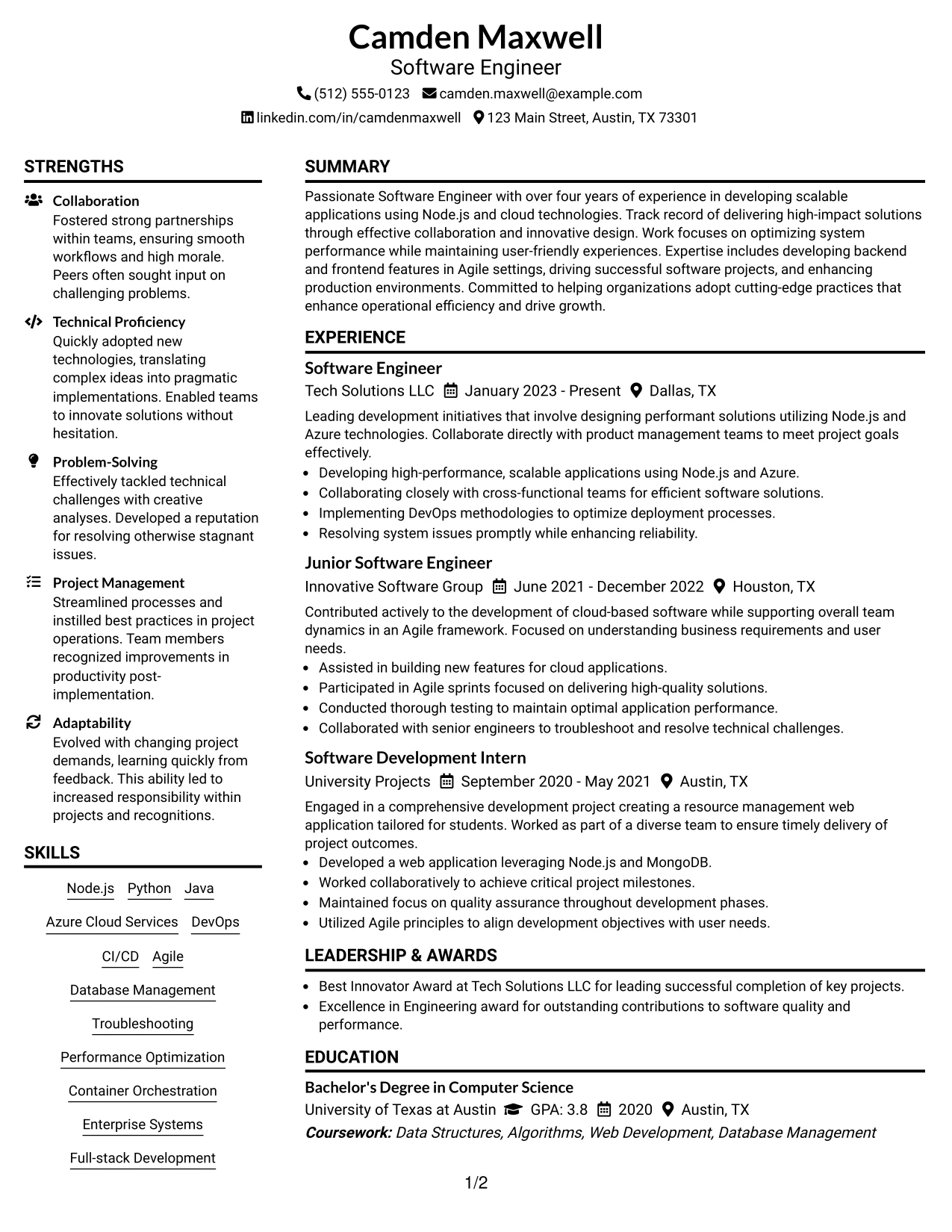 Resume Example Page 1
