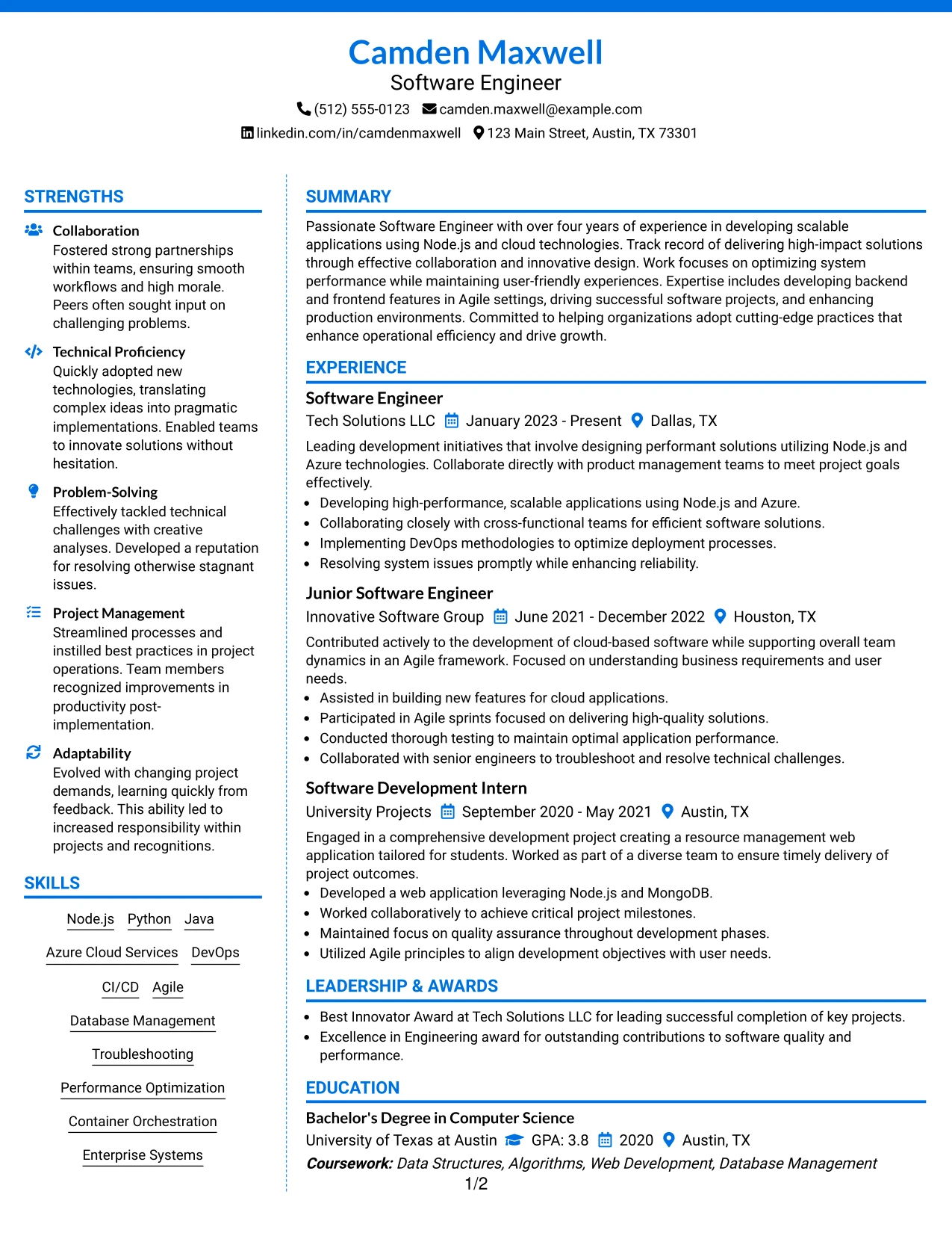 Resume Example Page 1
