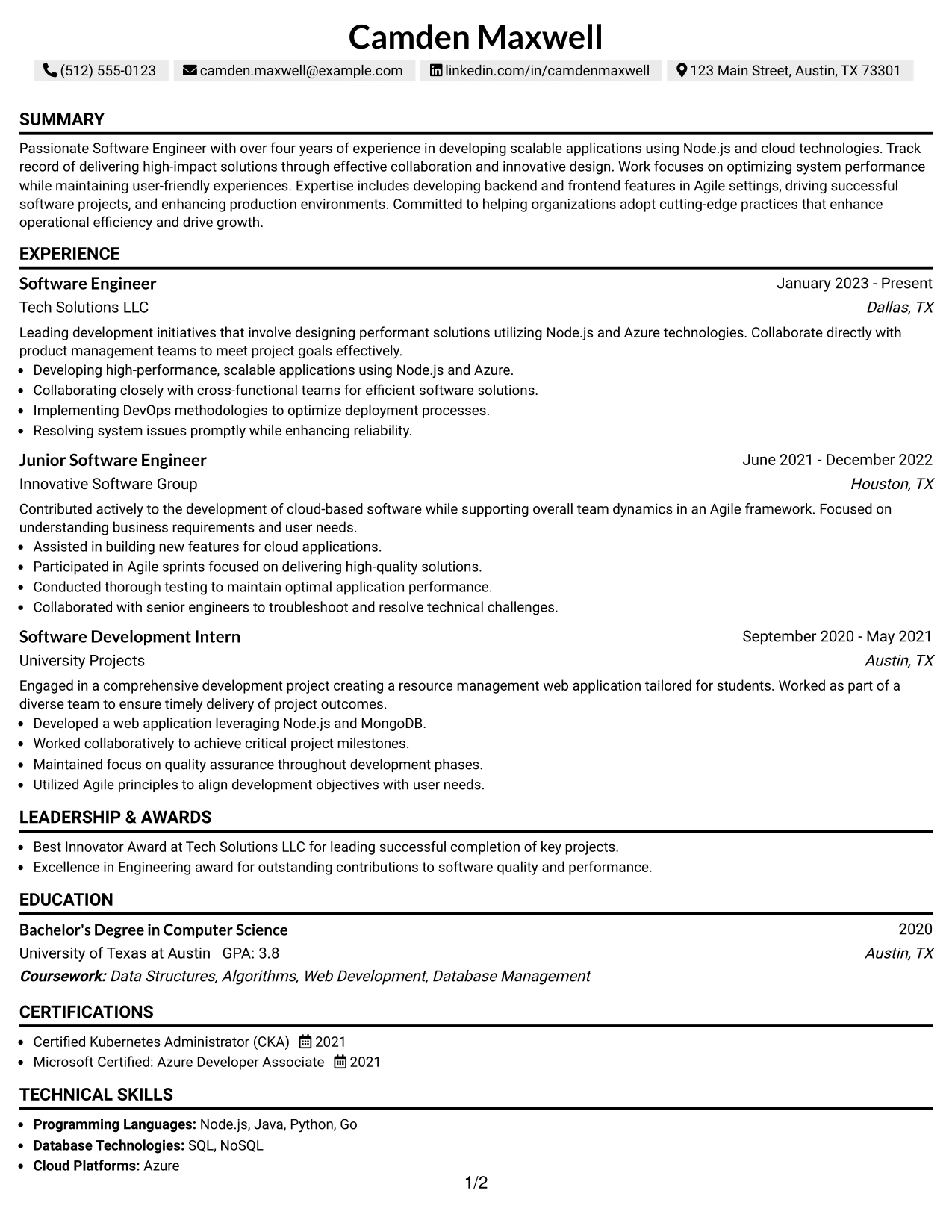 Resume Example Page 1
