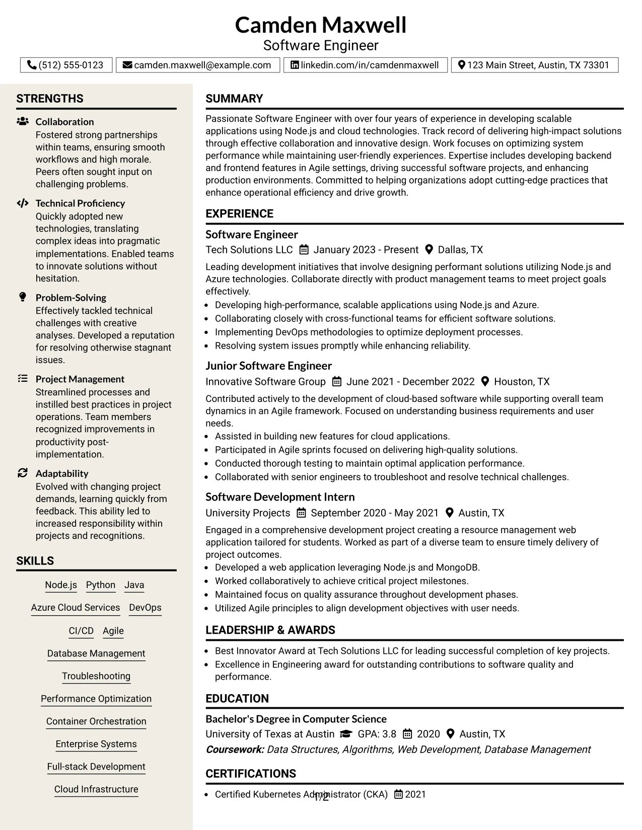 Resume Example Page 1