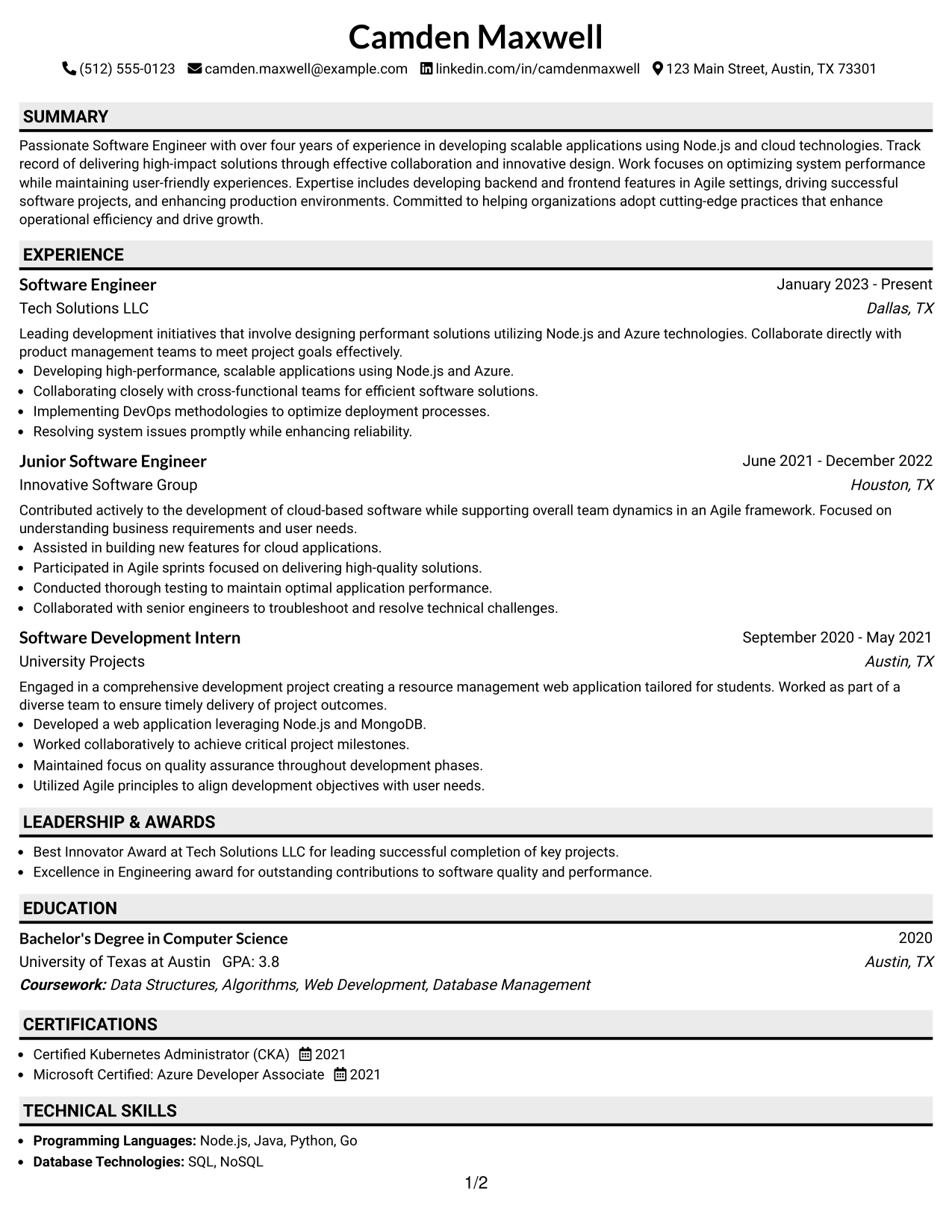 Resume Example Page 1