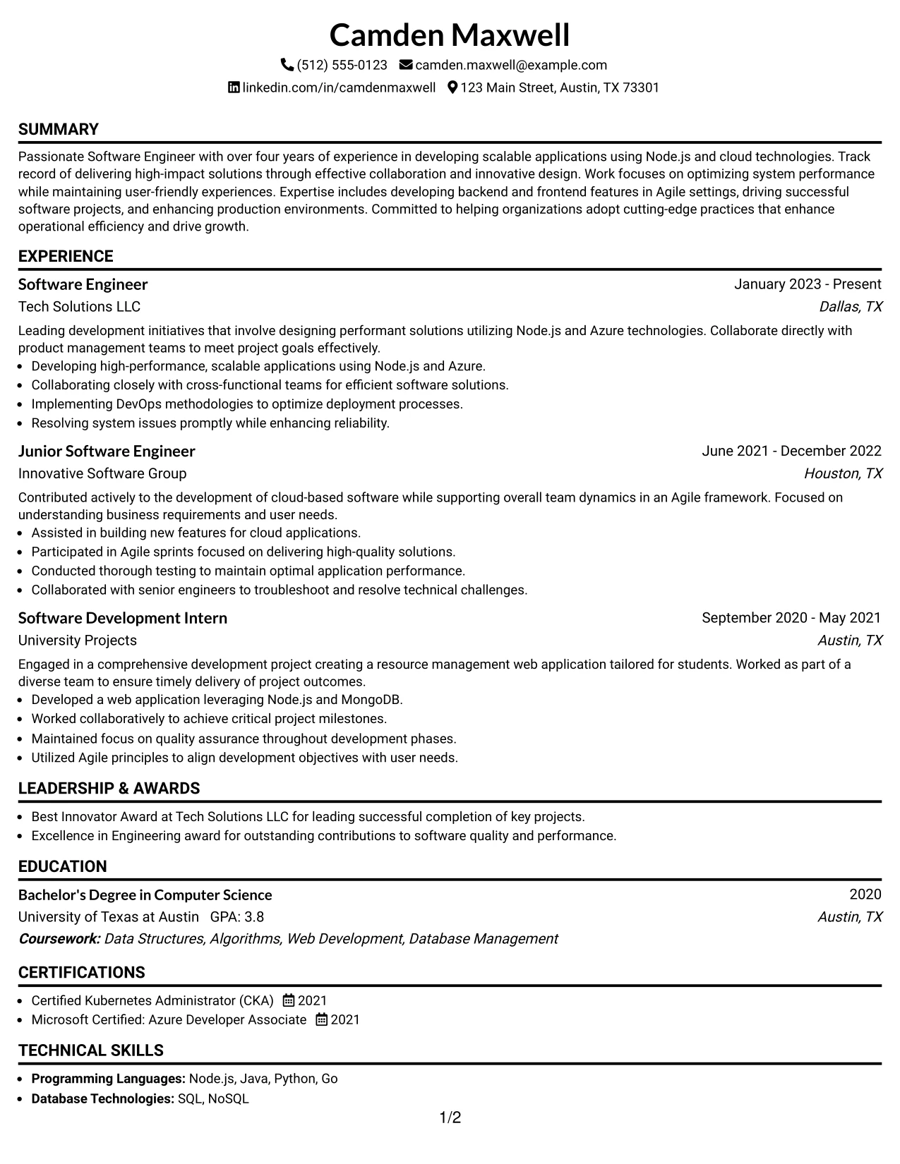 Resume Example Page 1