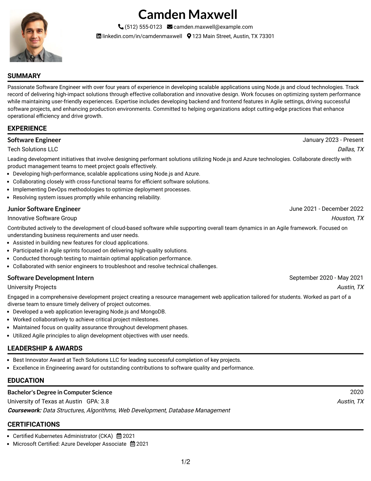 Resume Example Page 1