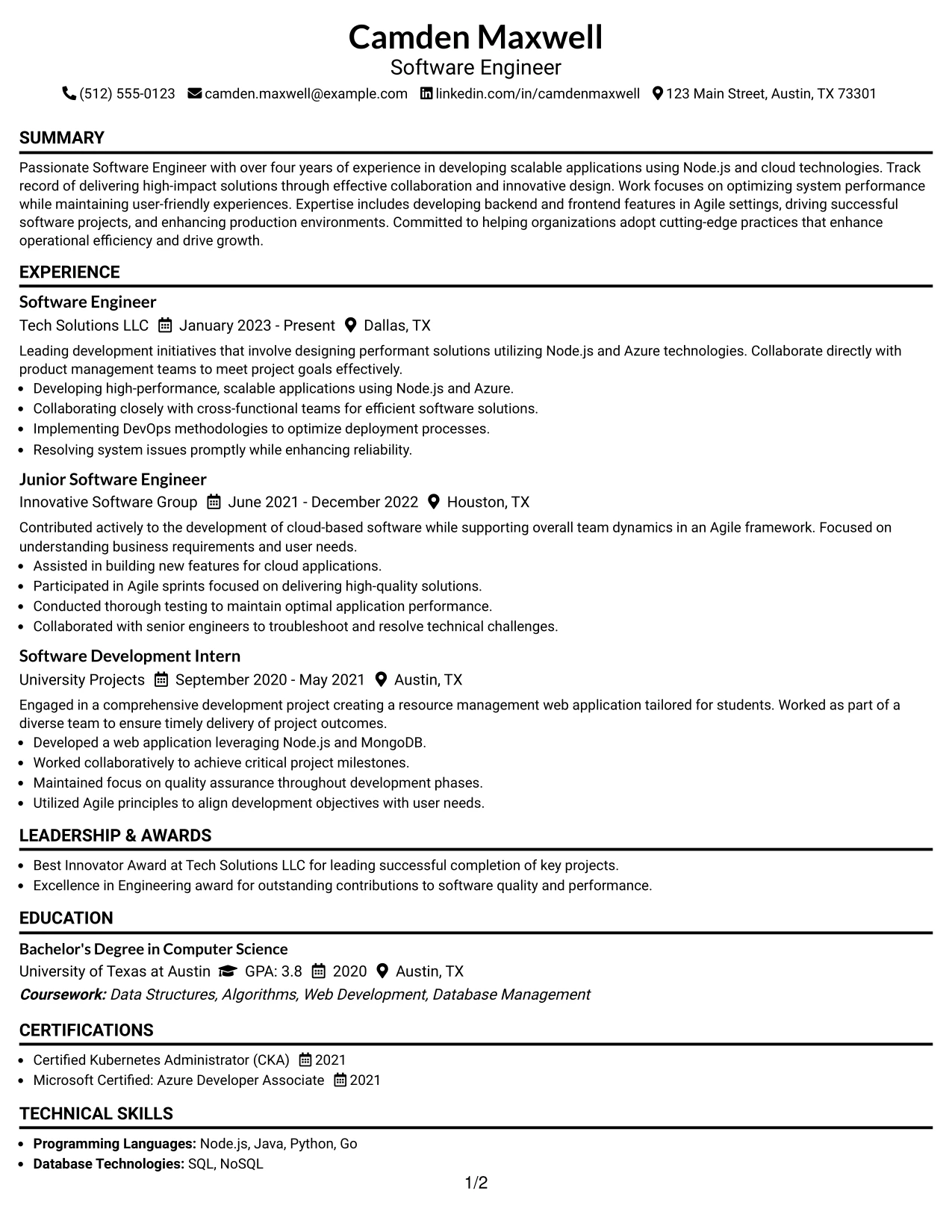 Resume Example Page 1
