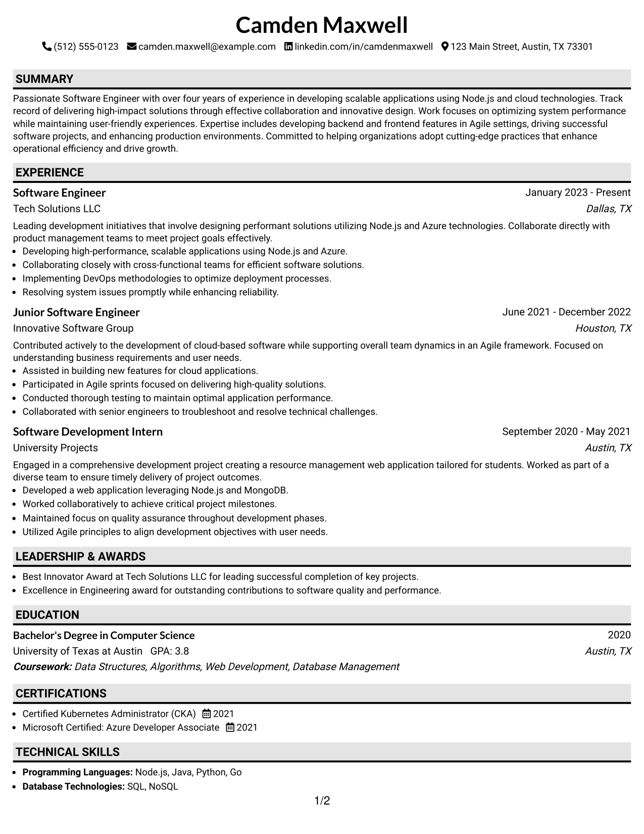 Resume Example Page 1