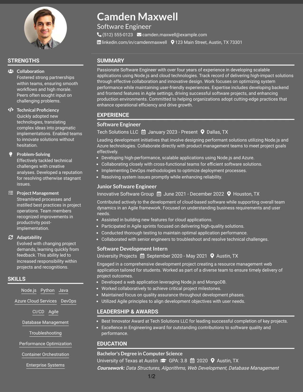Resume Example Page 1