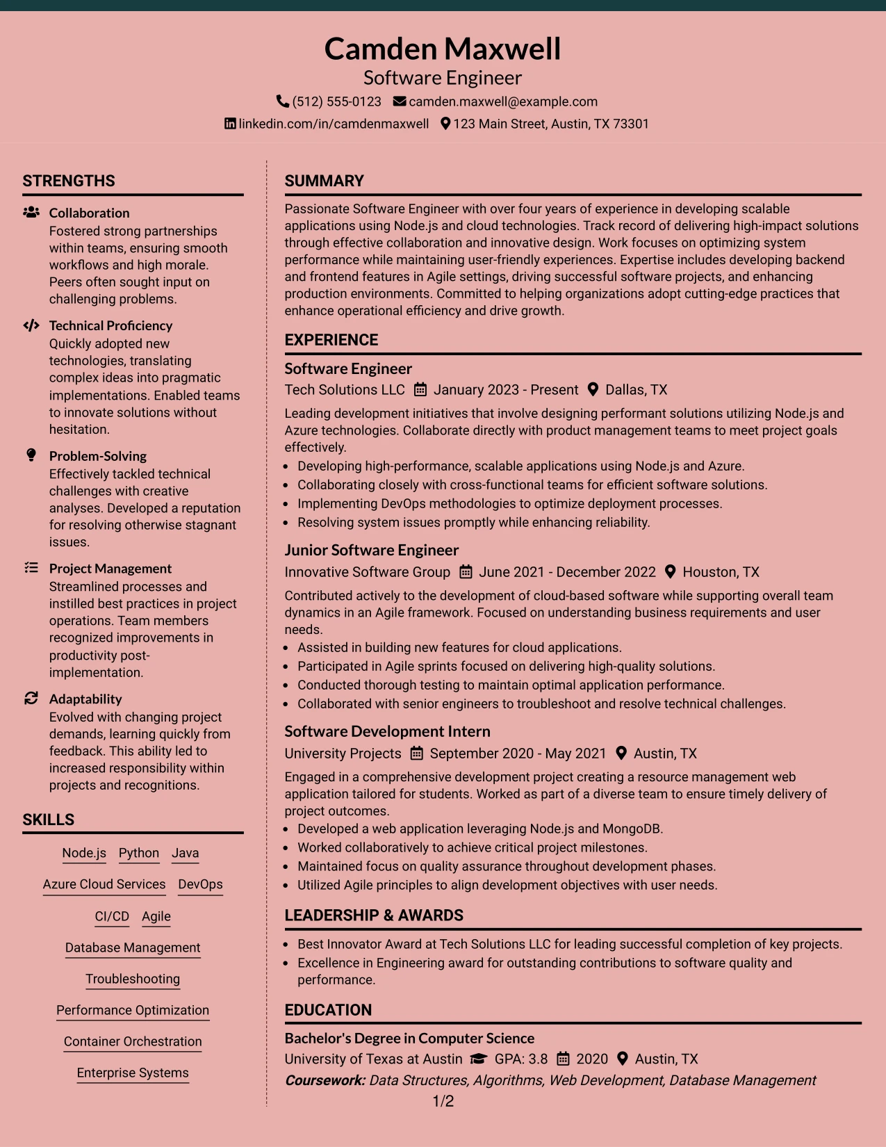 Resume Example Page 1
