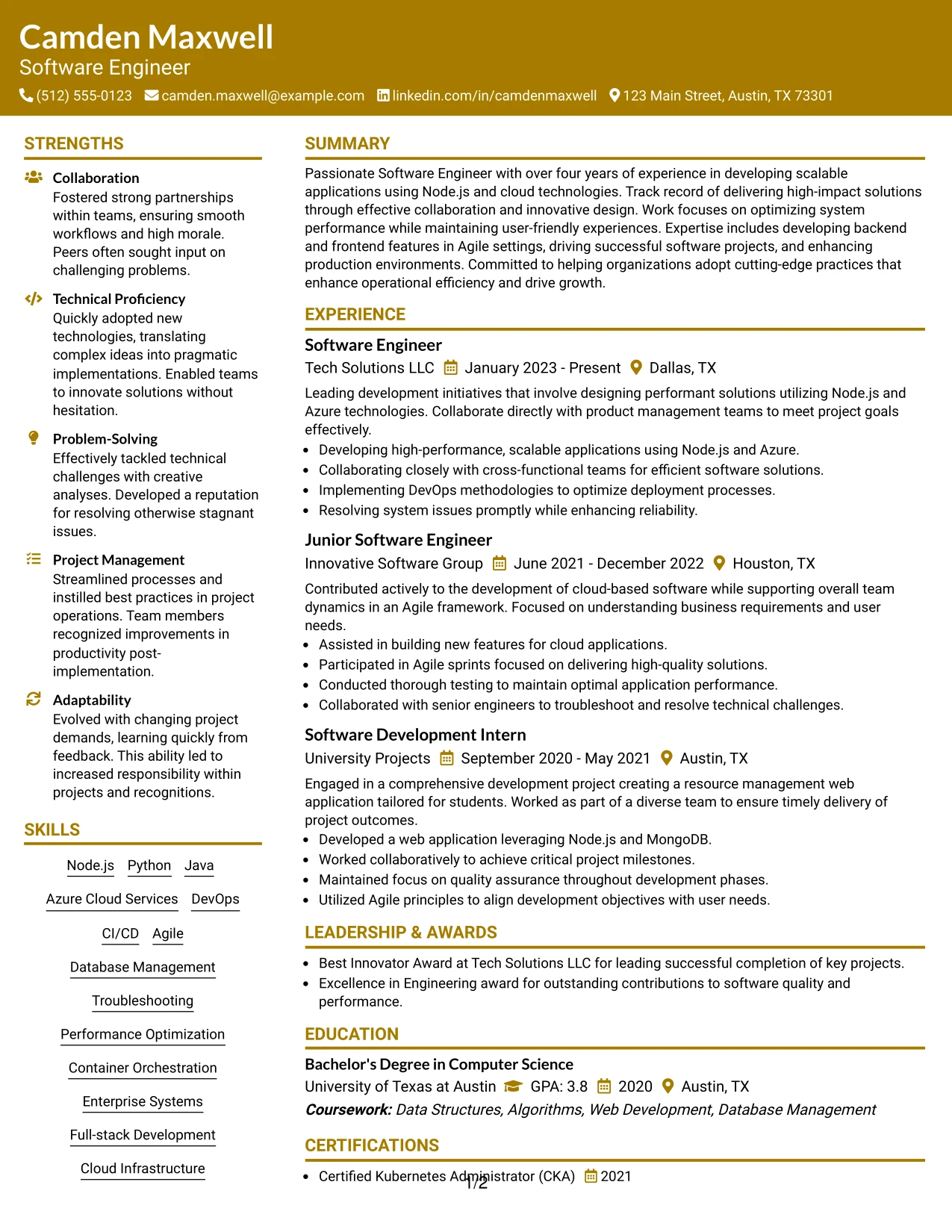 Resume Example Page 1