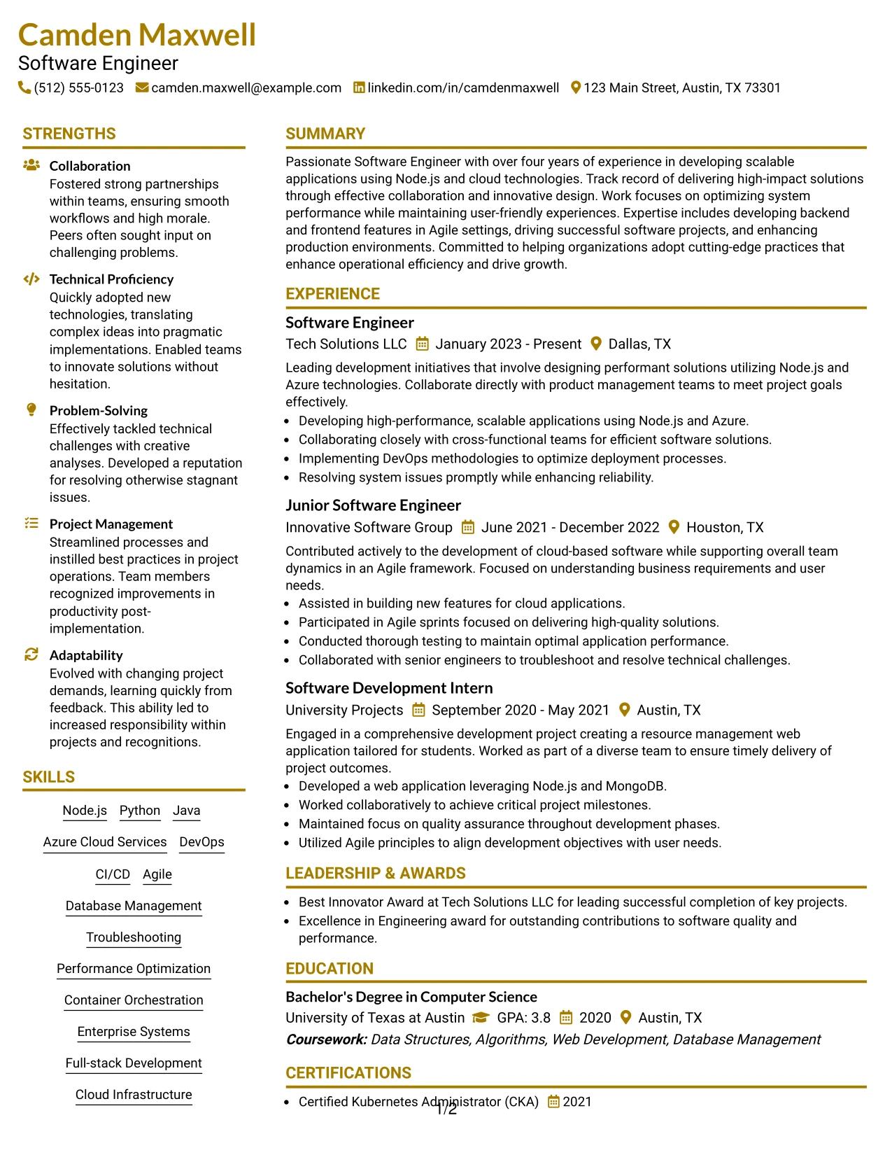 Resume Example Page 1