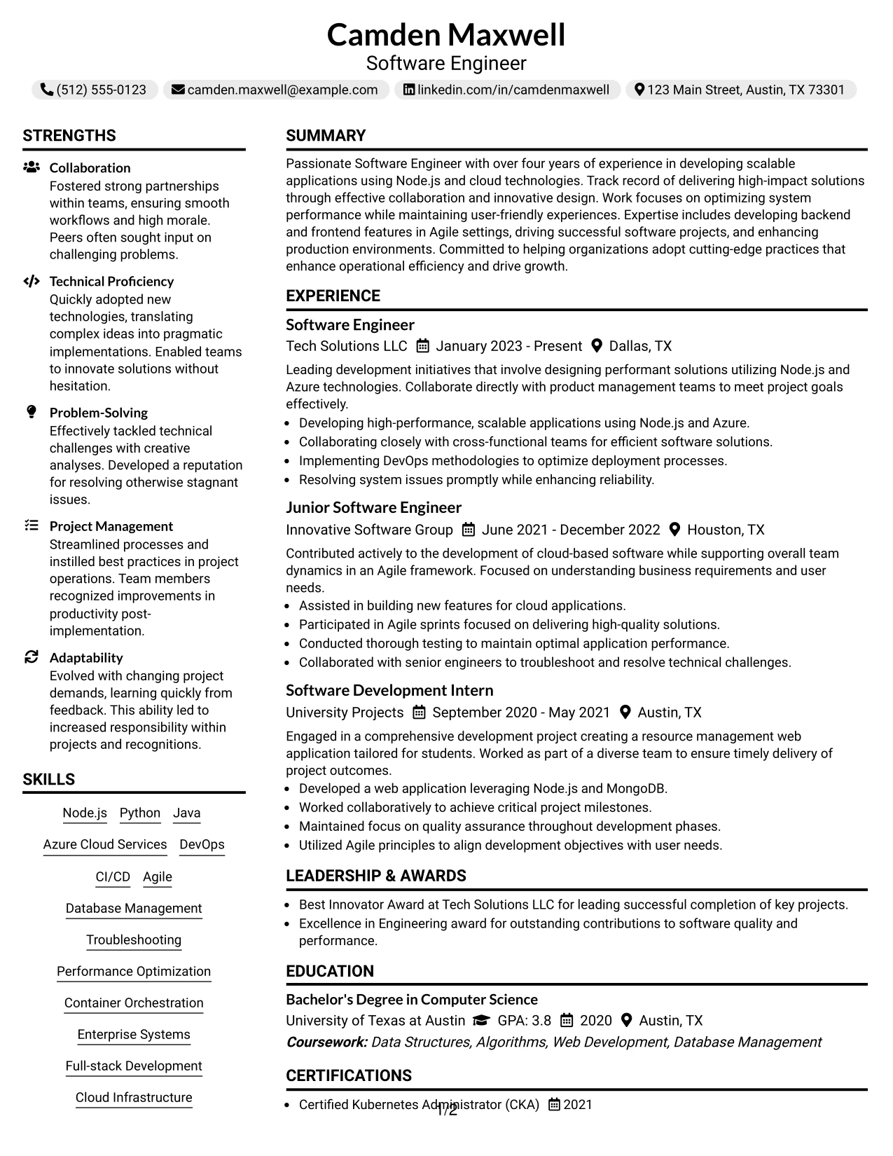 Resume Example Page 1