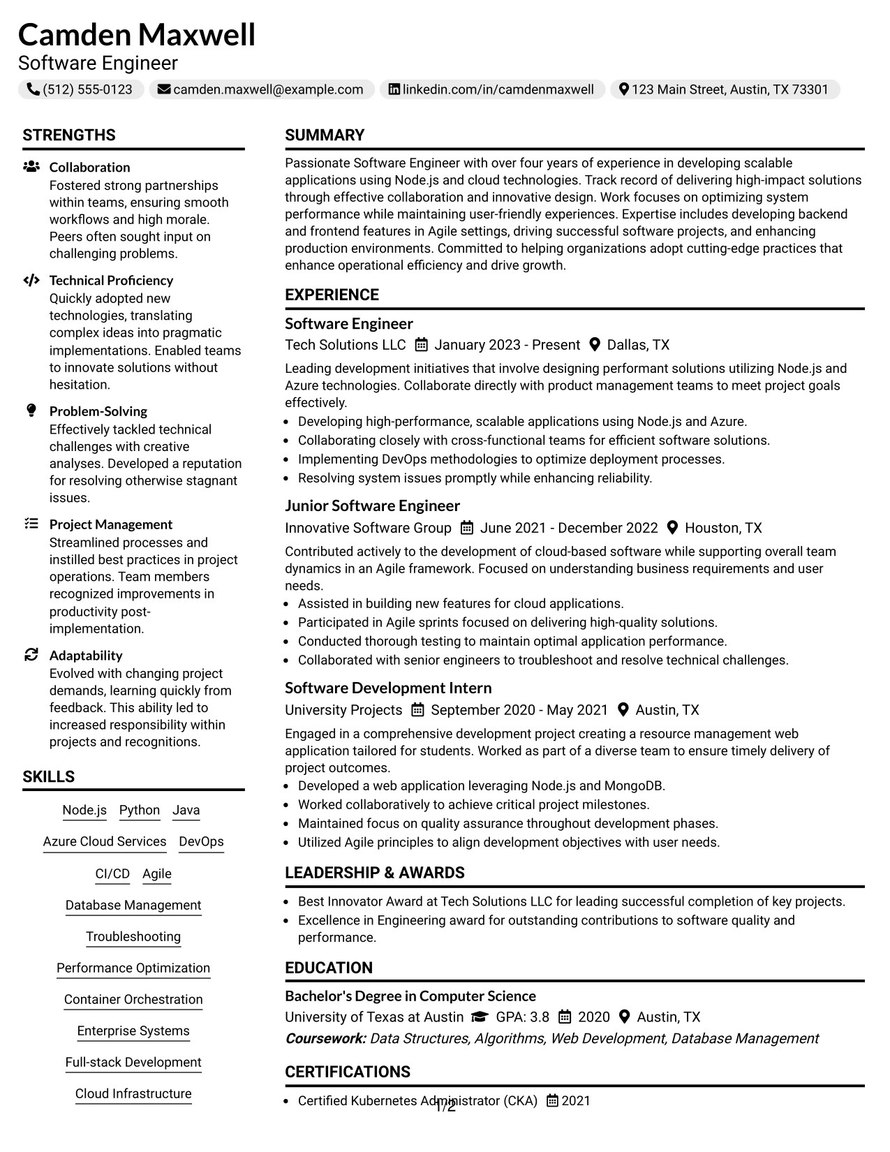 Resume Example Page 1