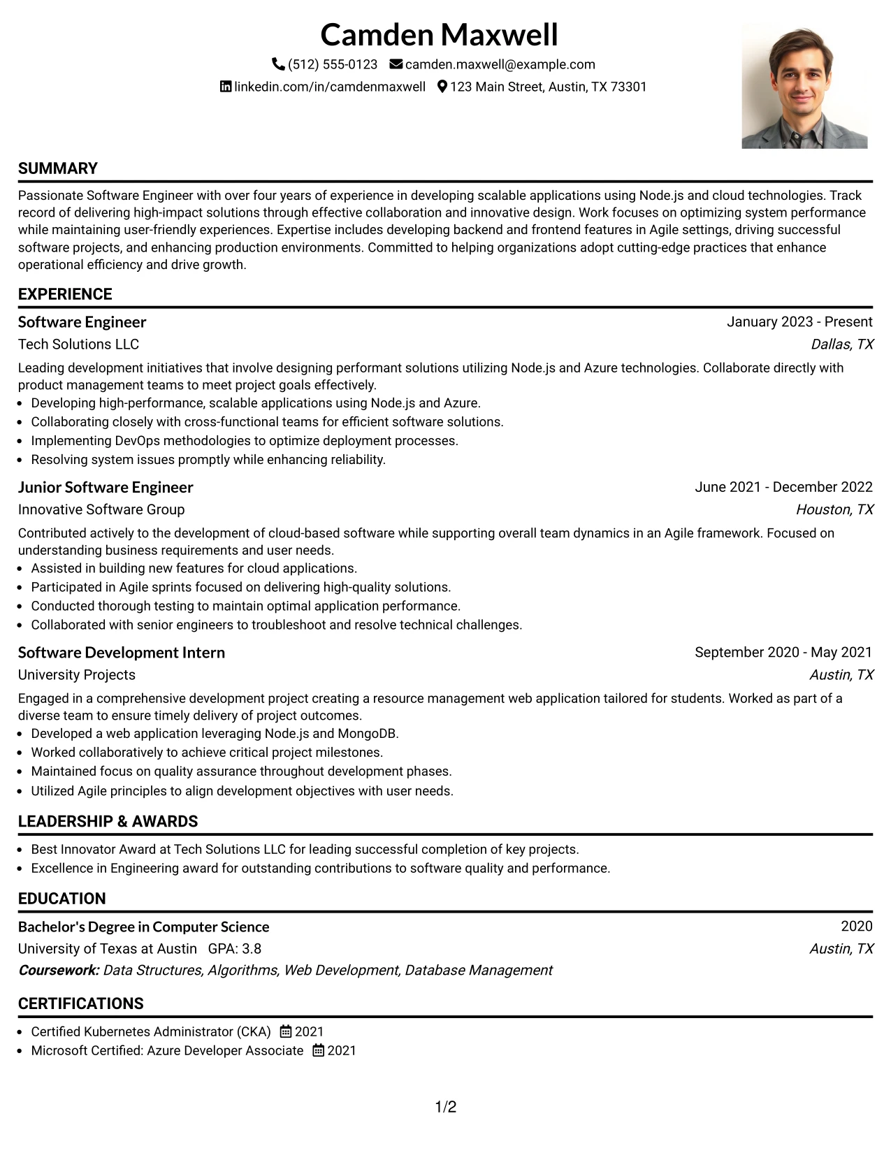 Resume Example Page 1