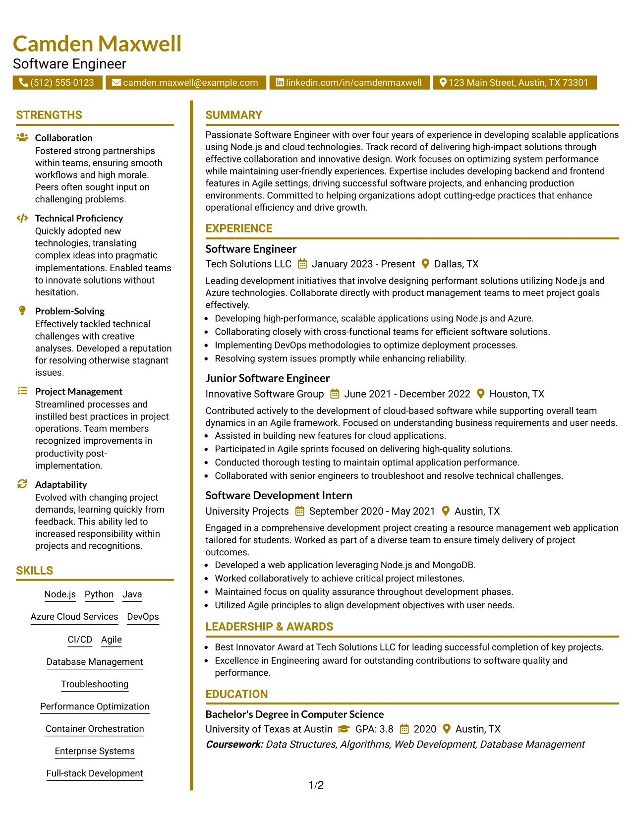 Resume Example Page 1