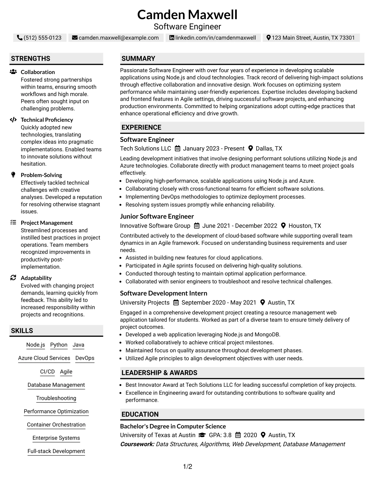 Resume Example Page 1
