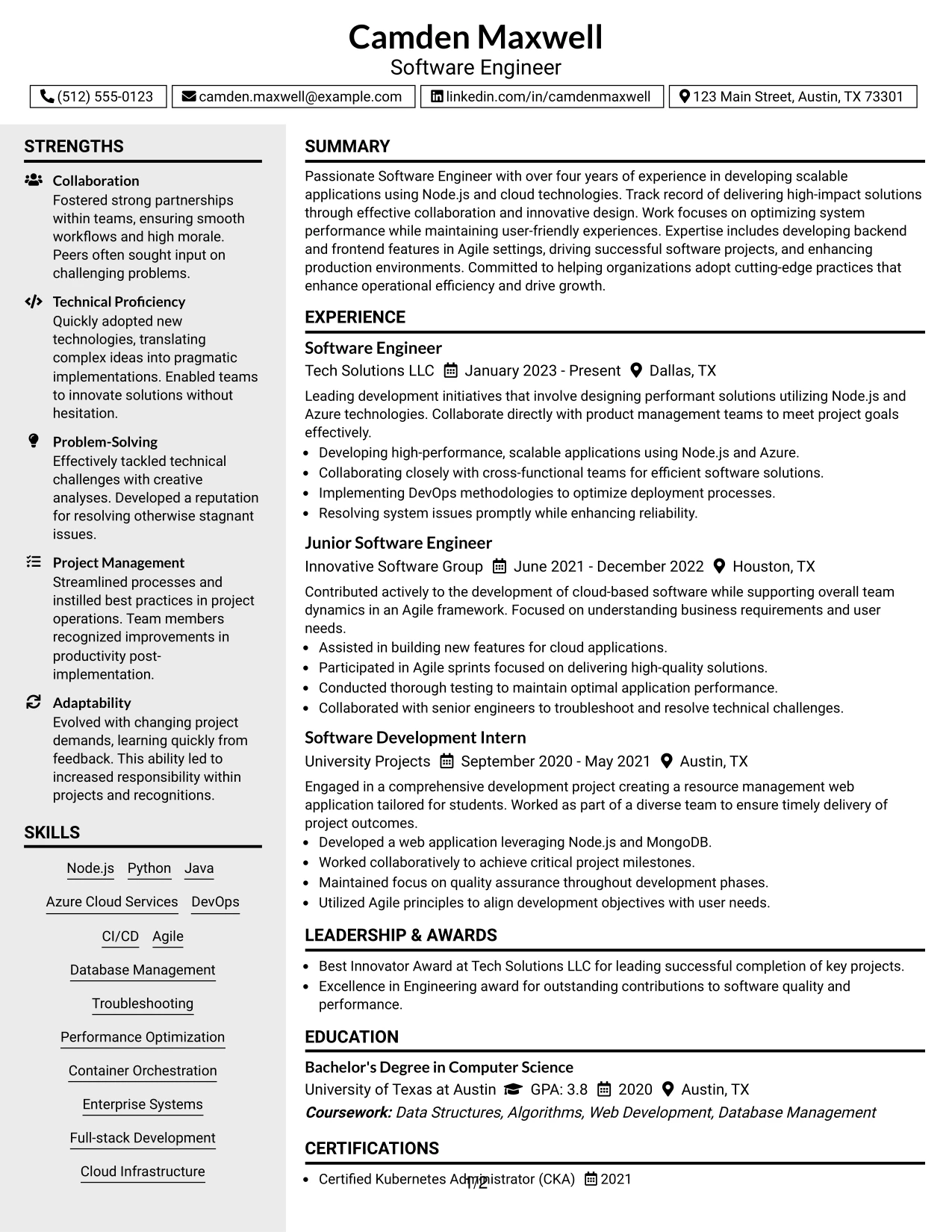 Resume Example Page 1