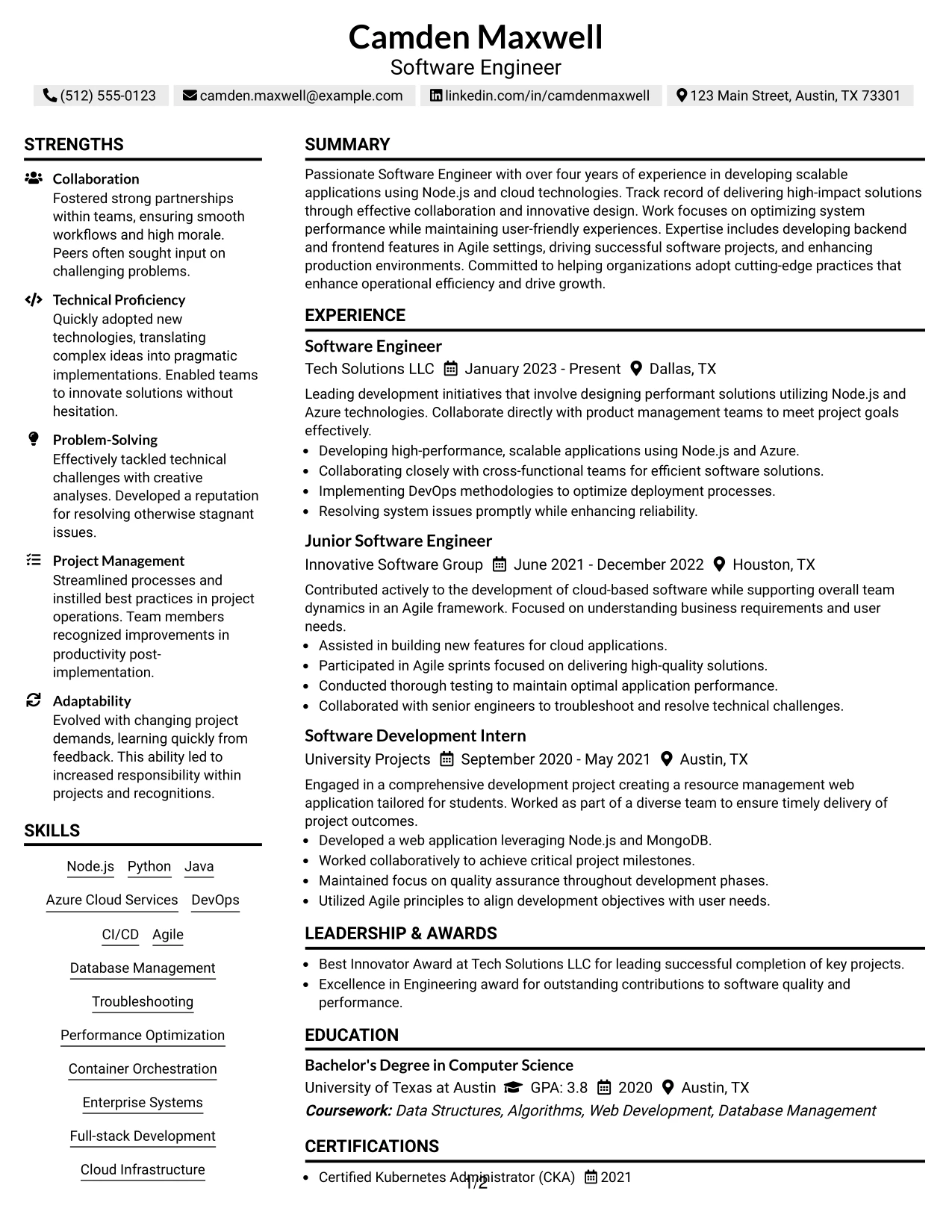 Resume Example Page 1