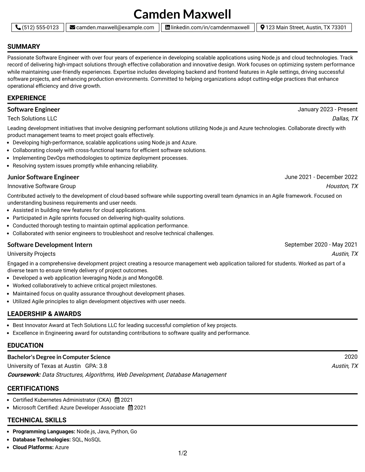 Resume Example Page 1