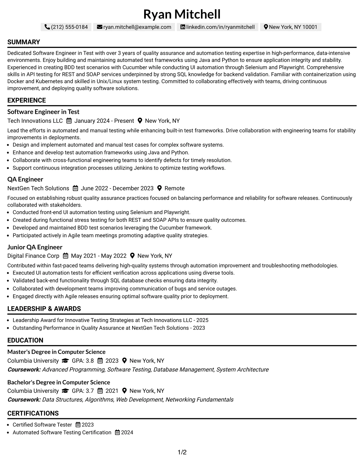 Resume Example Page 1