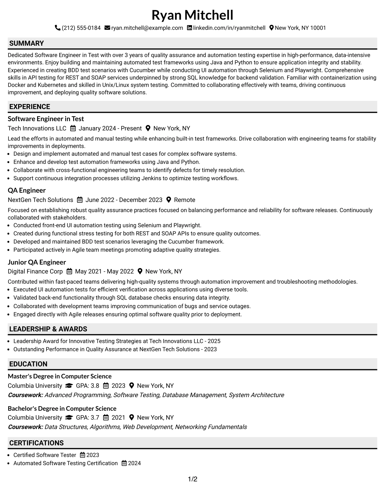 Resume Example Page 1