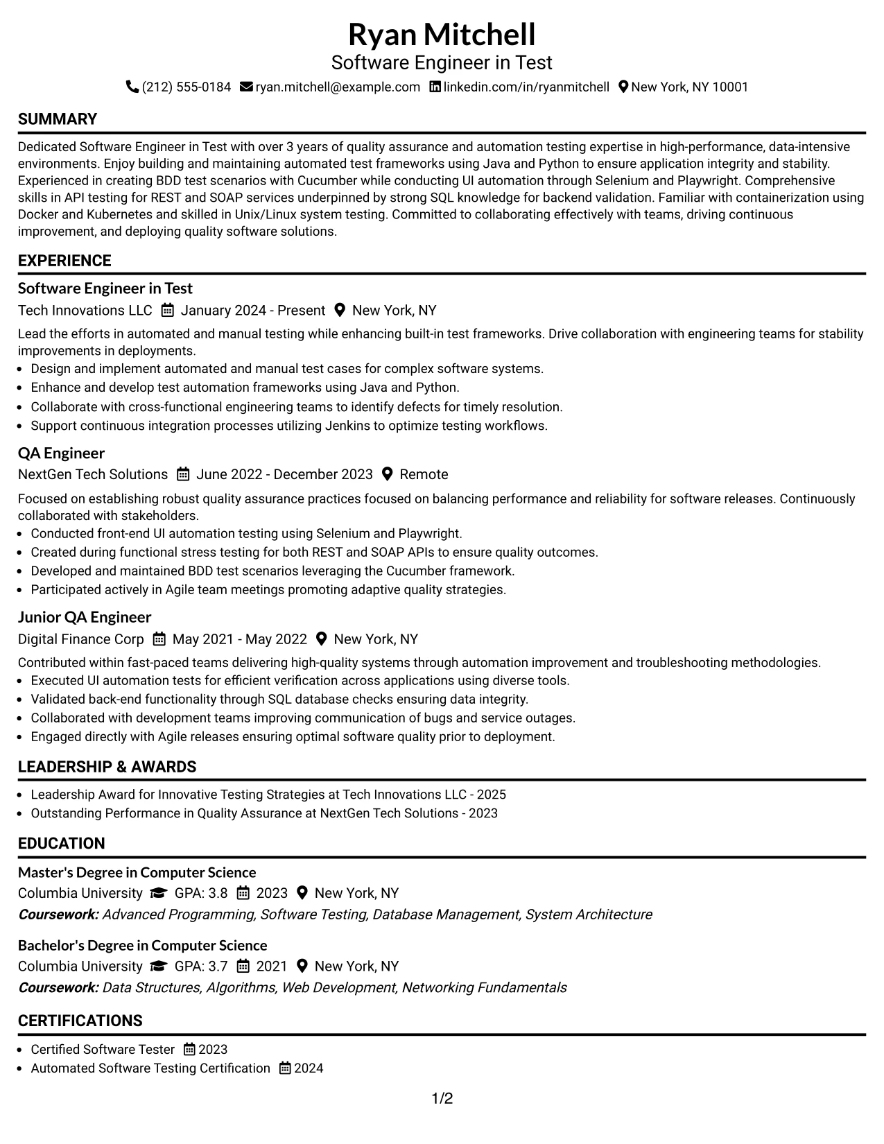 Resume Example Page 1