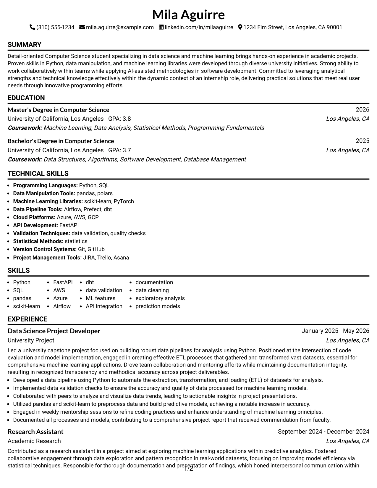 Resume Example Page 1