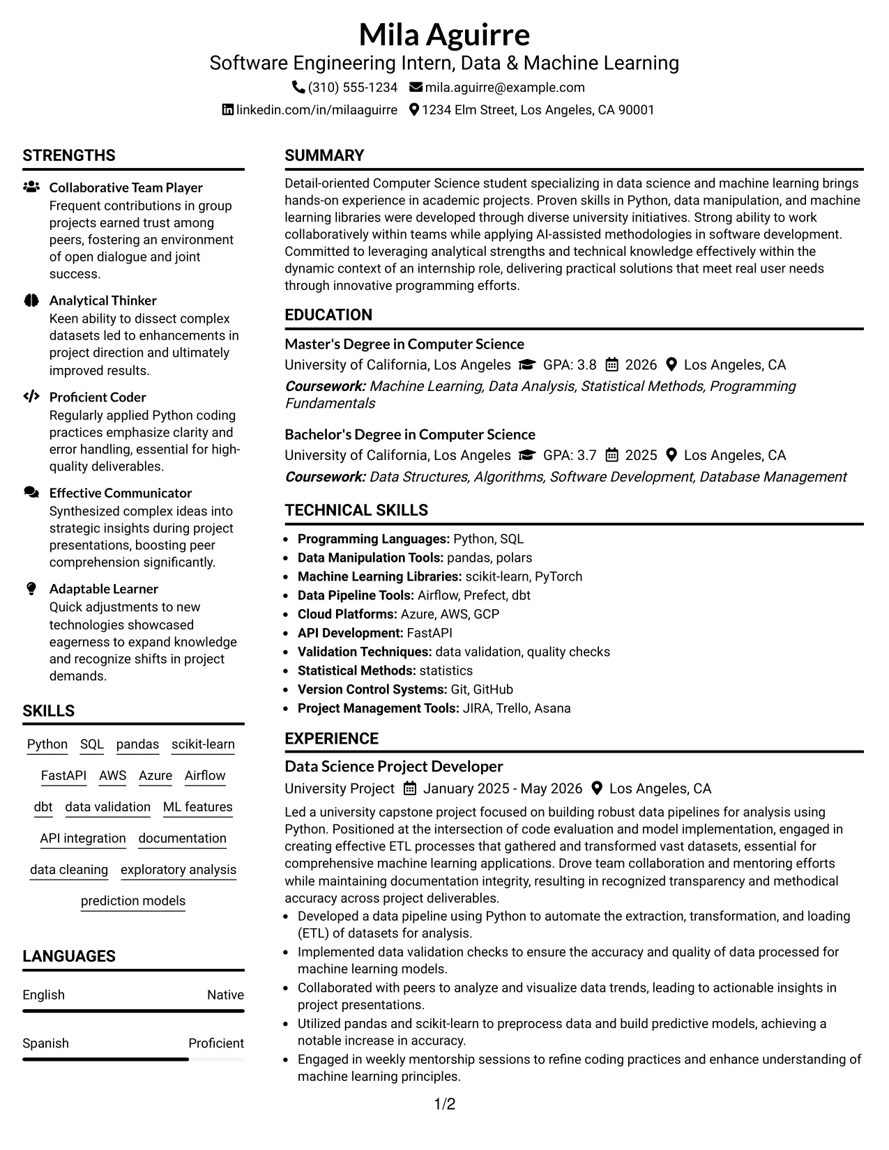 Resume Example Page 1