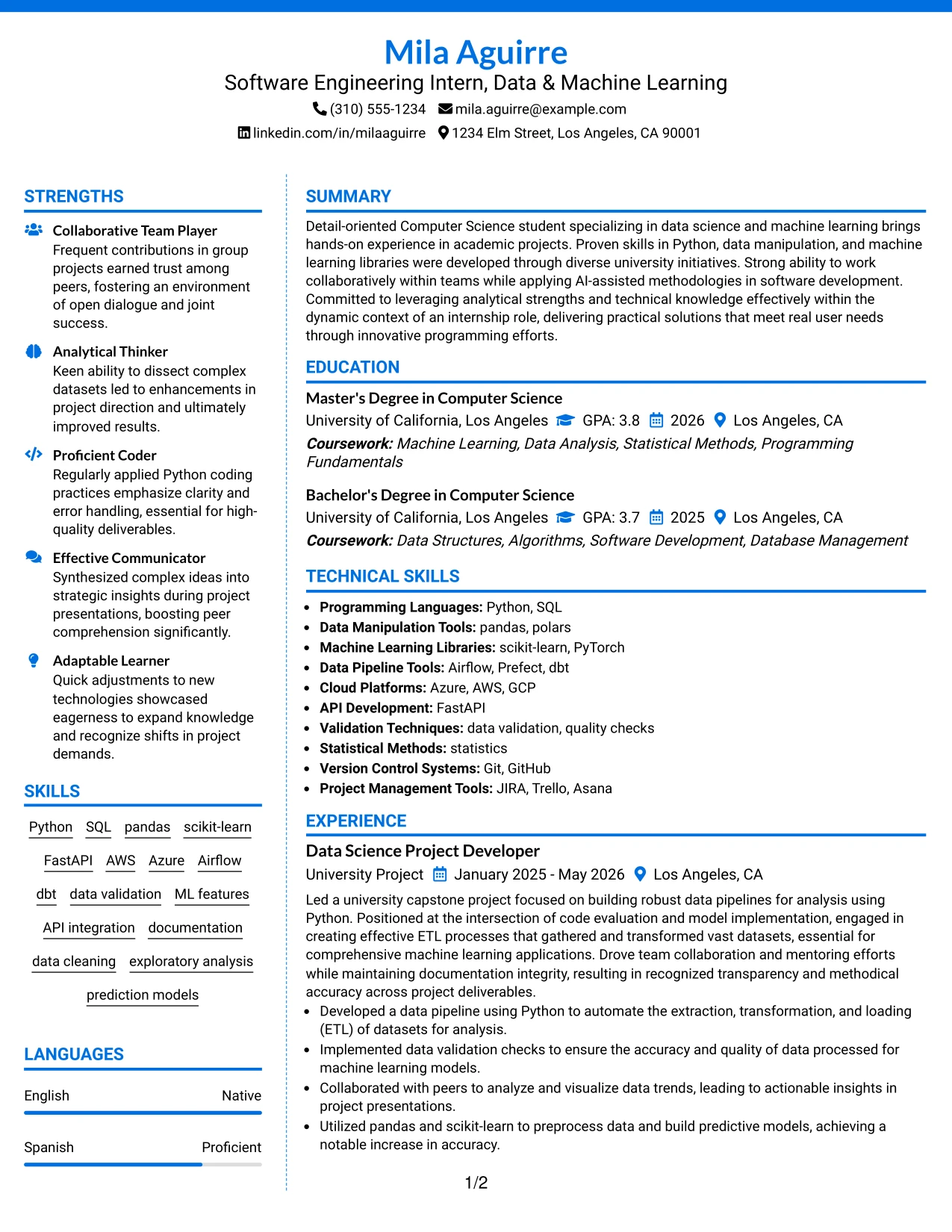 Resume Example Page 1