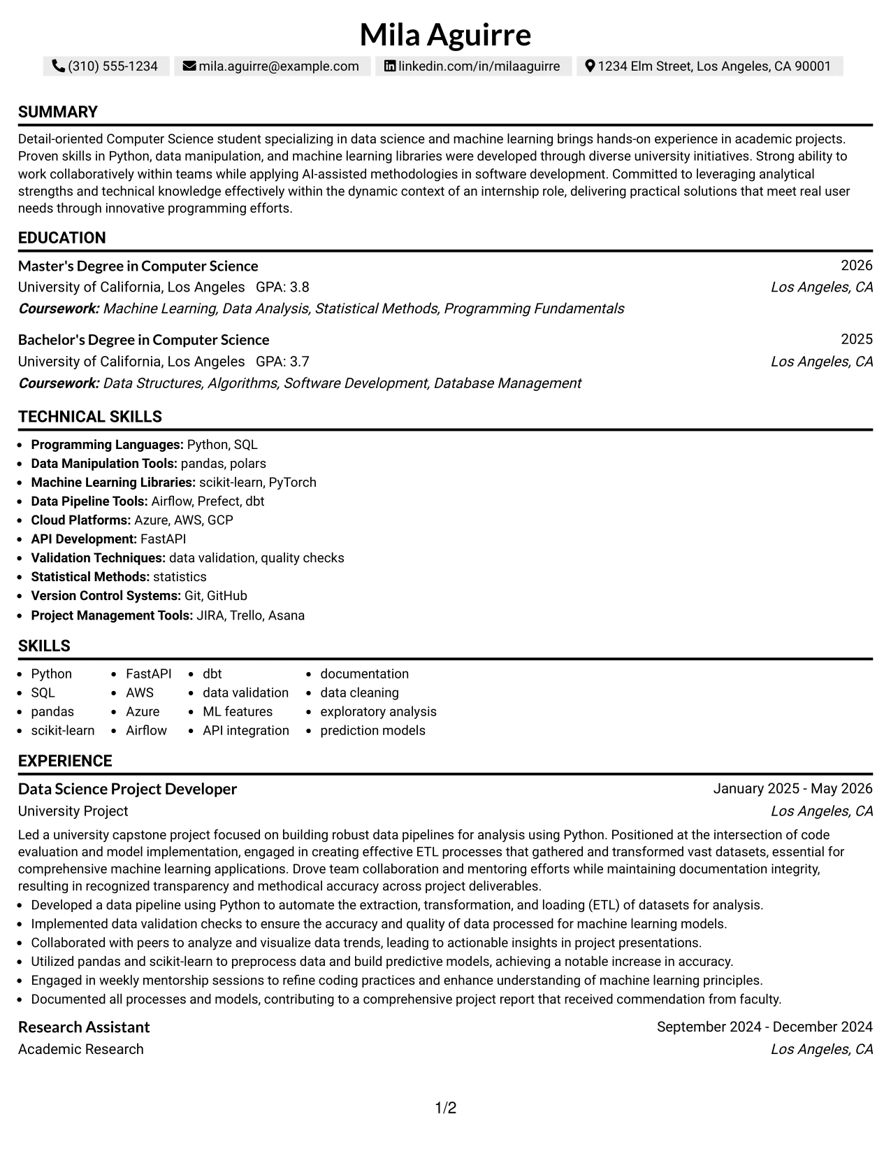 Resume Example Page 1