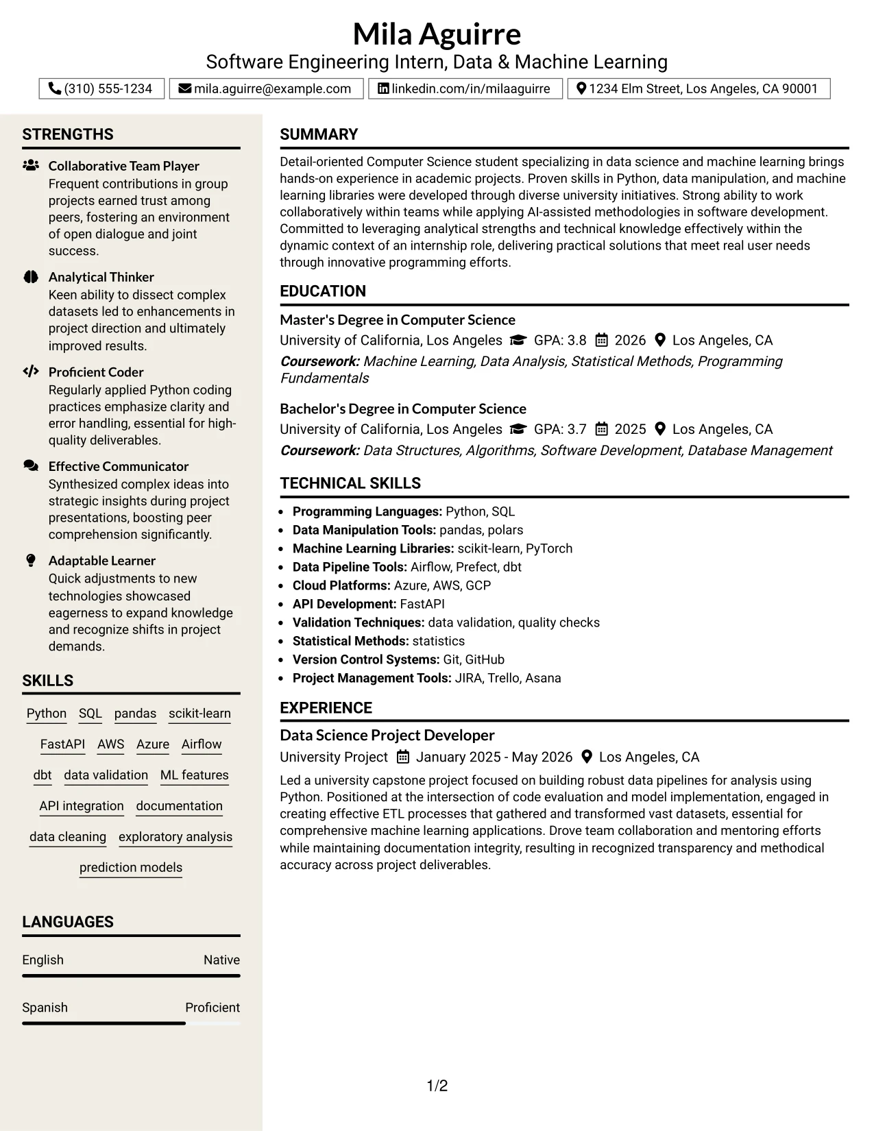 Resume Example Page 1