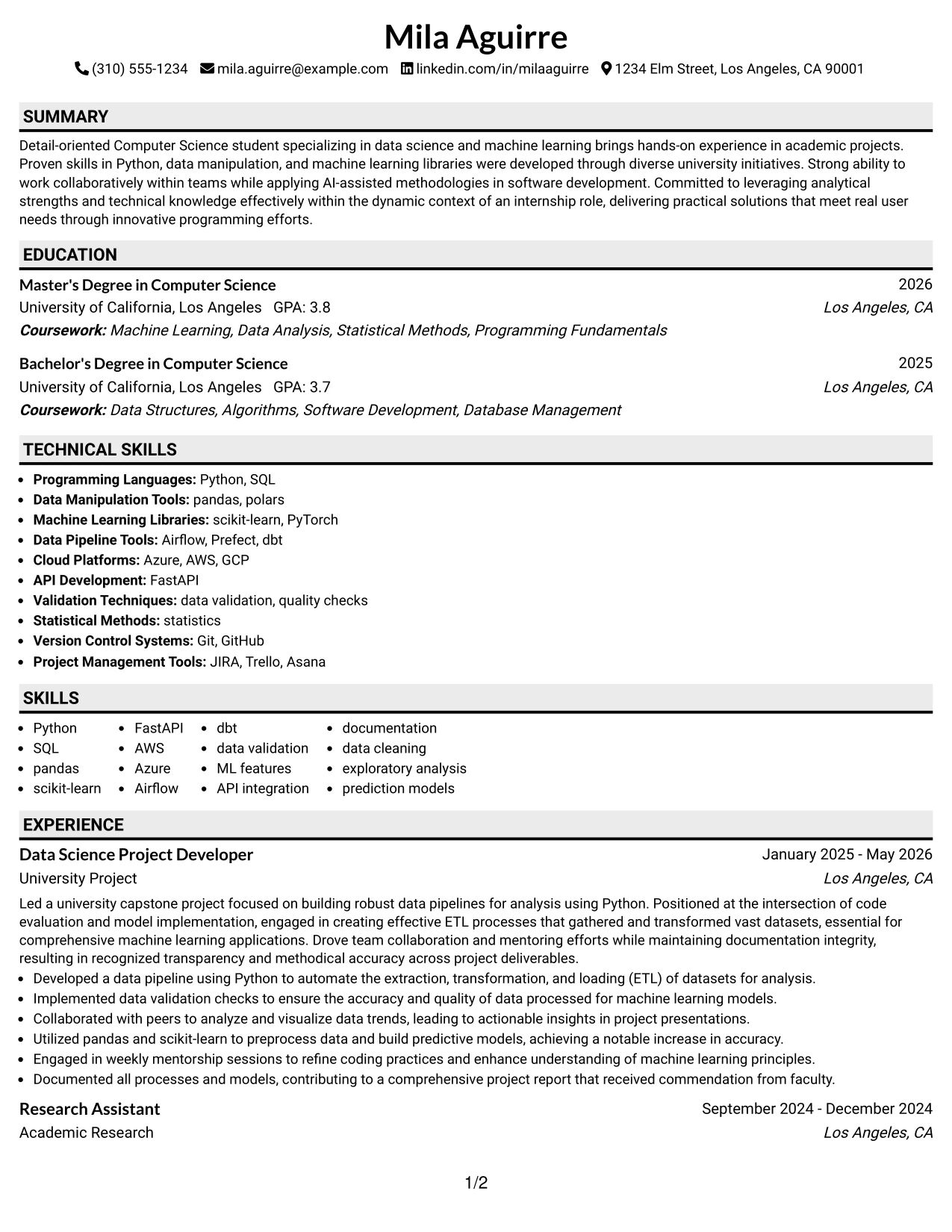Resume Example Page 1