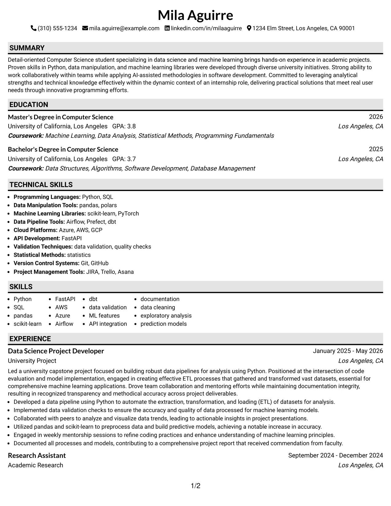 Resume Example Page 1