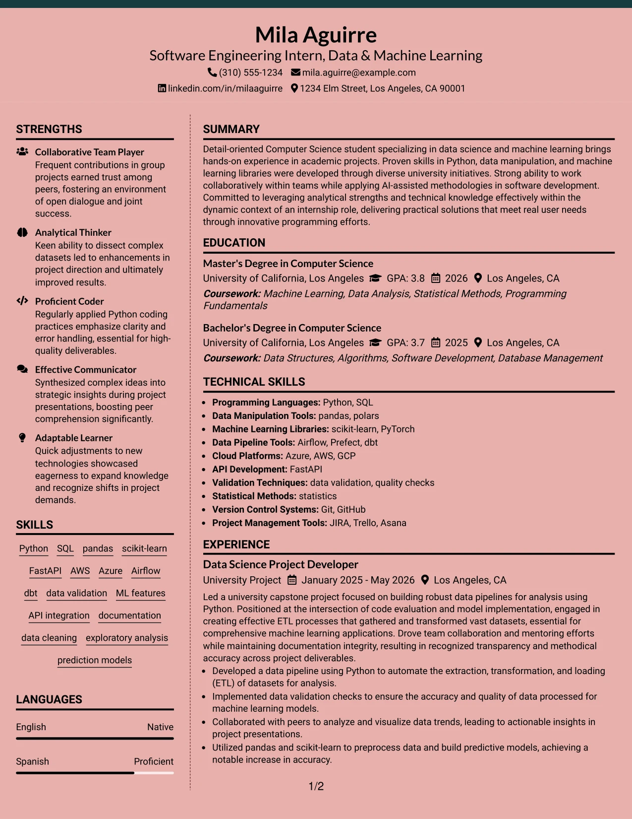 Resume Example Page 1