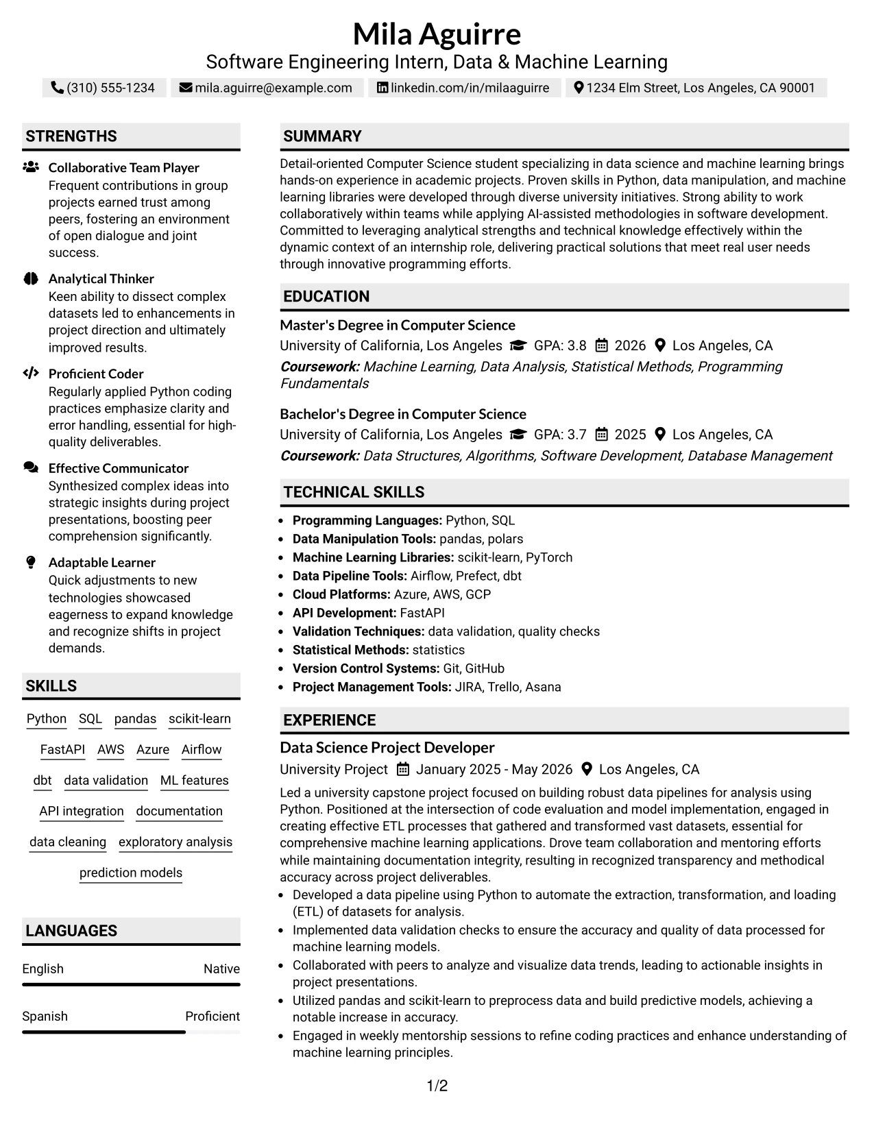 Resume Example Page 1
