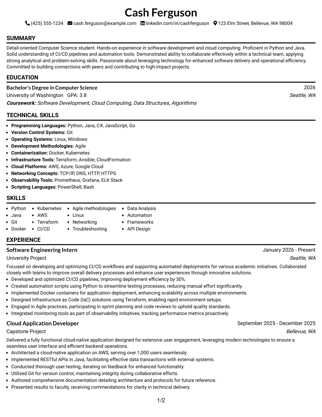 Resume Example Page 1