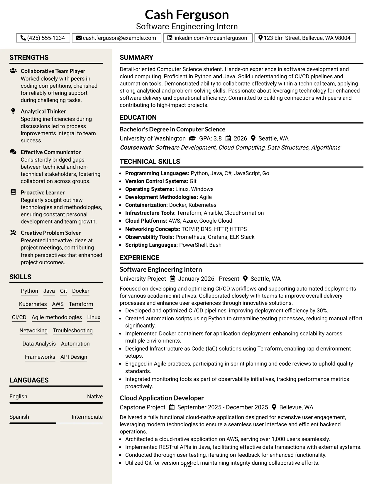 Resume Example Page 1