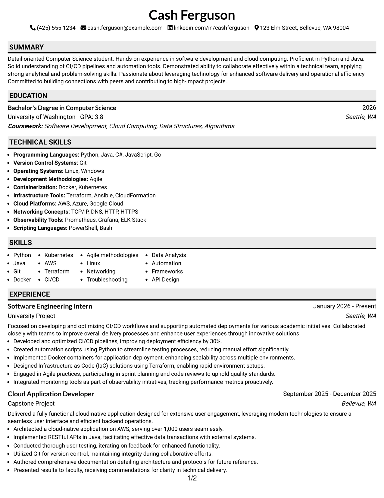 Resume Example Page 1