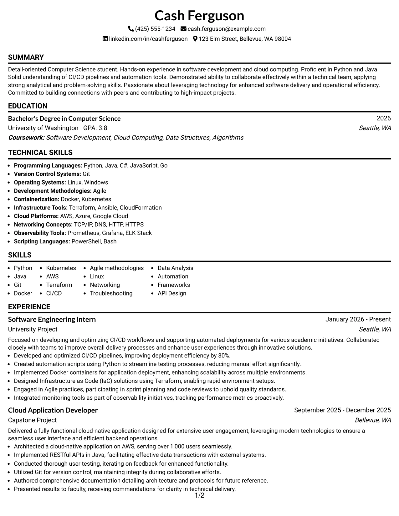 Resume Example Page 1