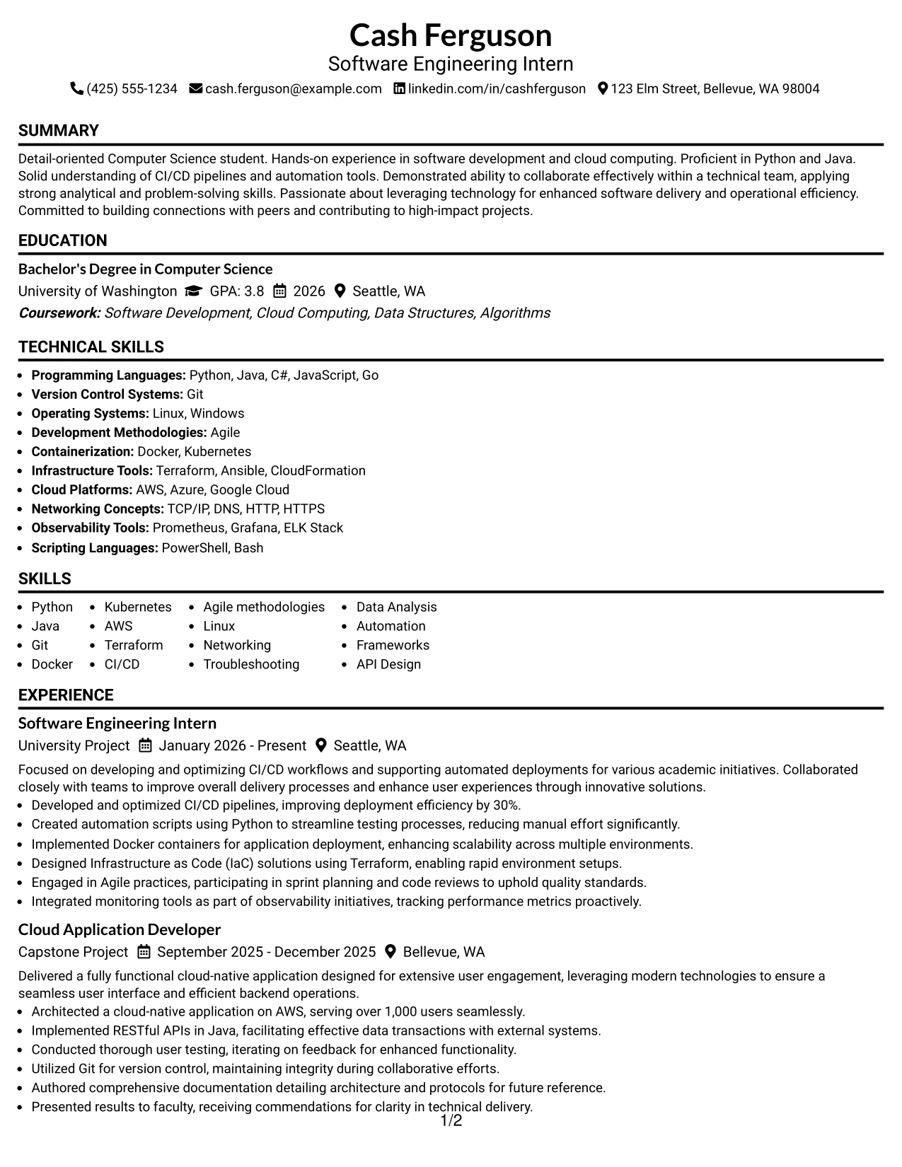 Resume Example Page 1