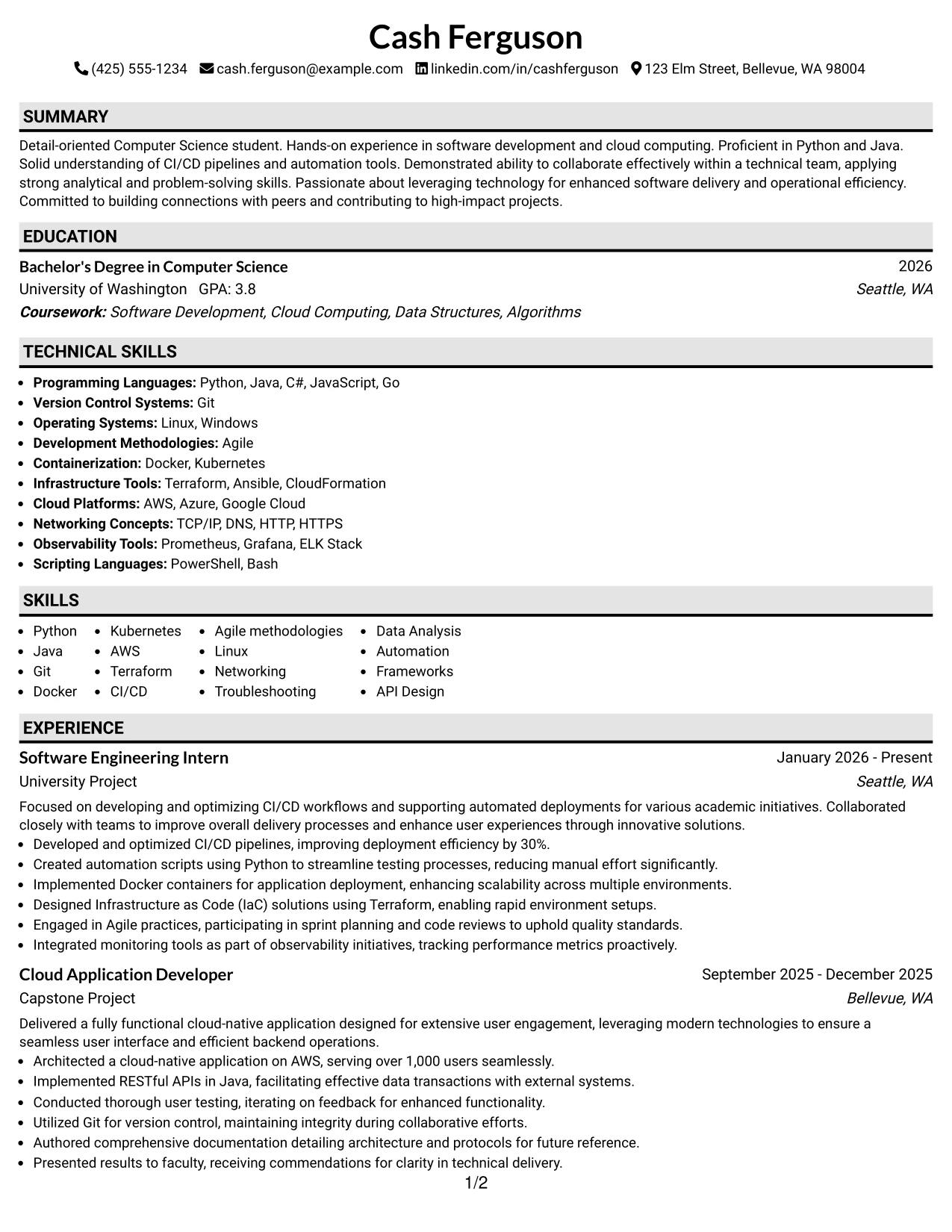 Resume Example Page 1