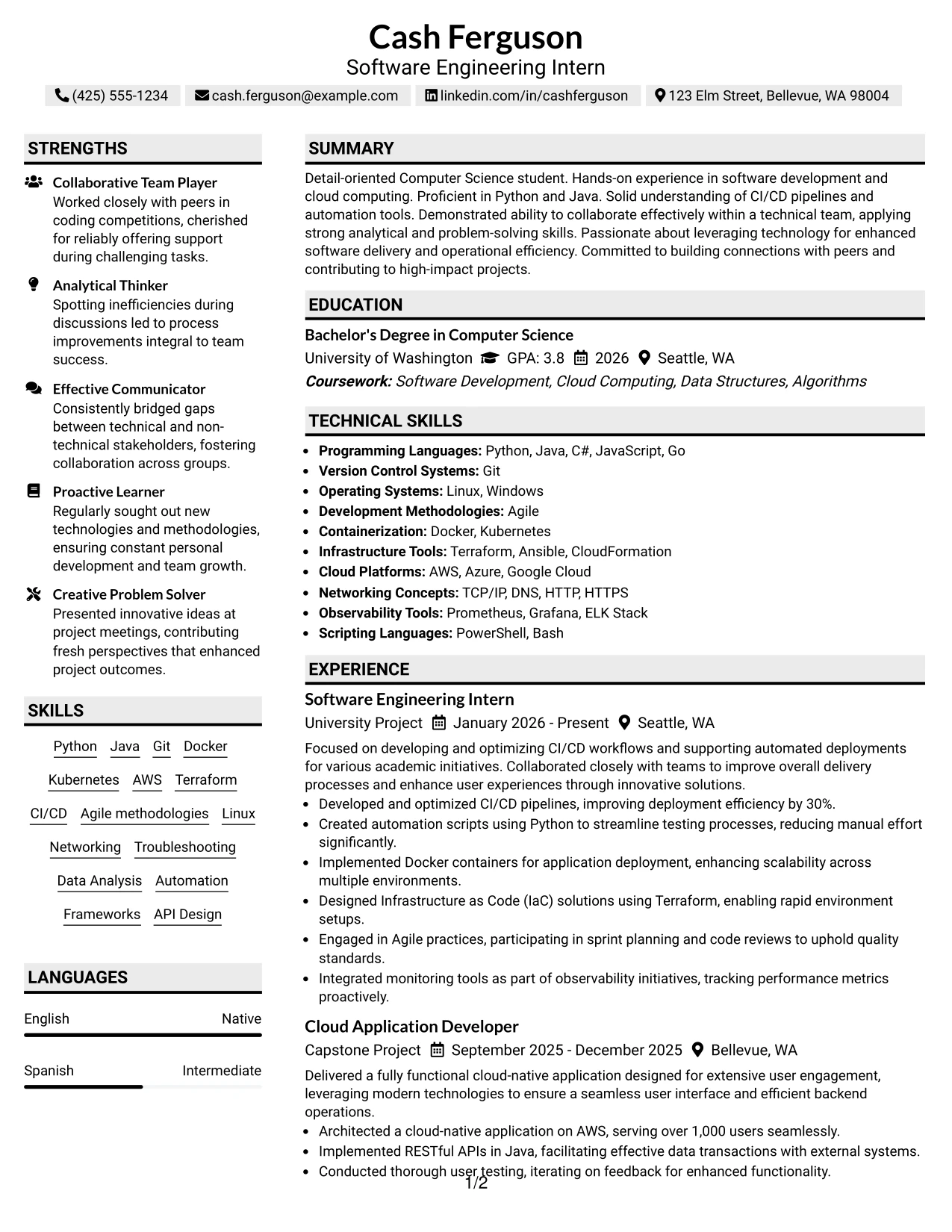 Resume Example Page 1