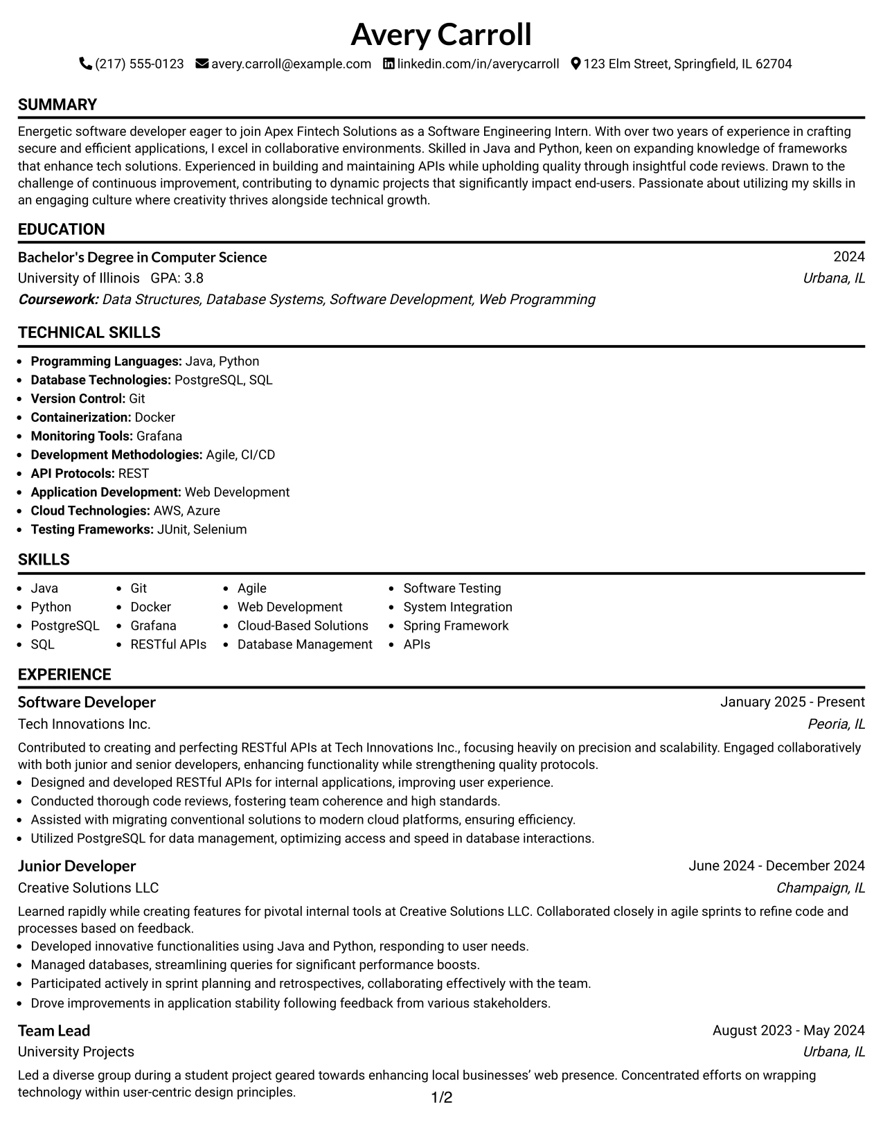 Resume Example Page 1