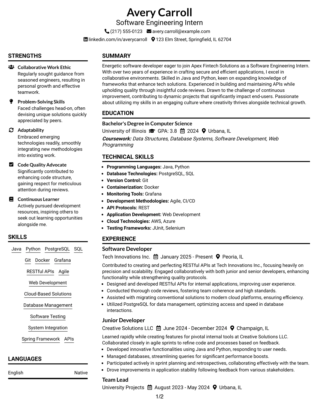 Resume Example Page 1