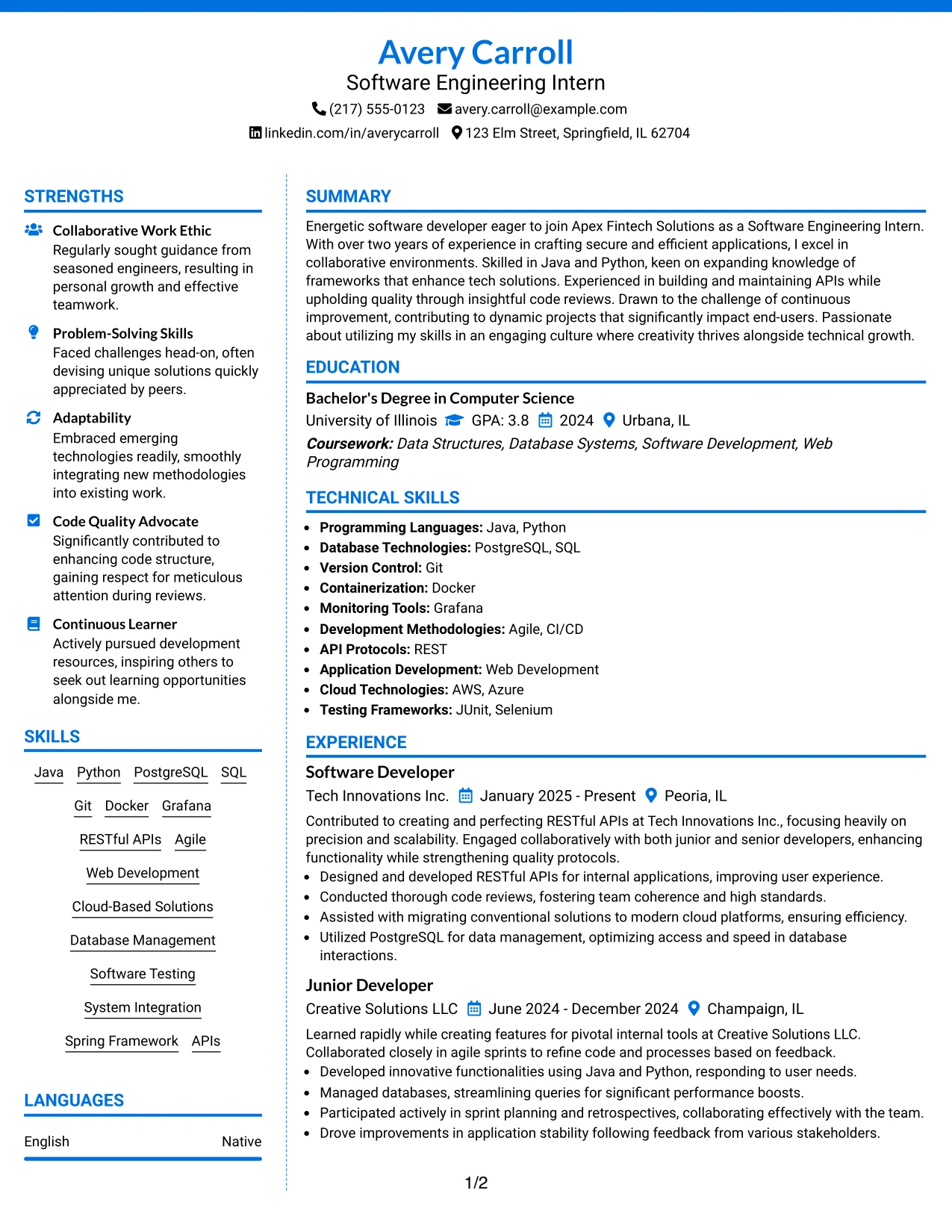 Resume Example Page 1