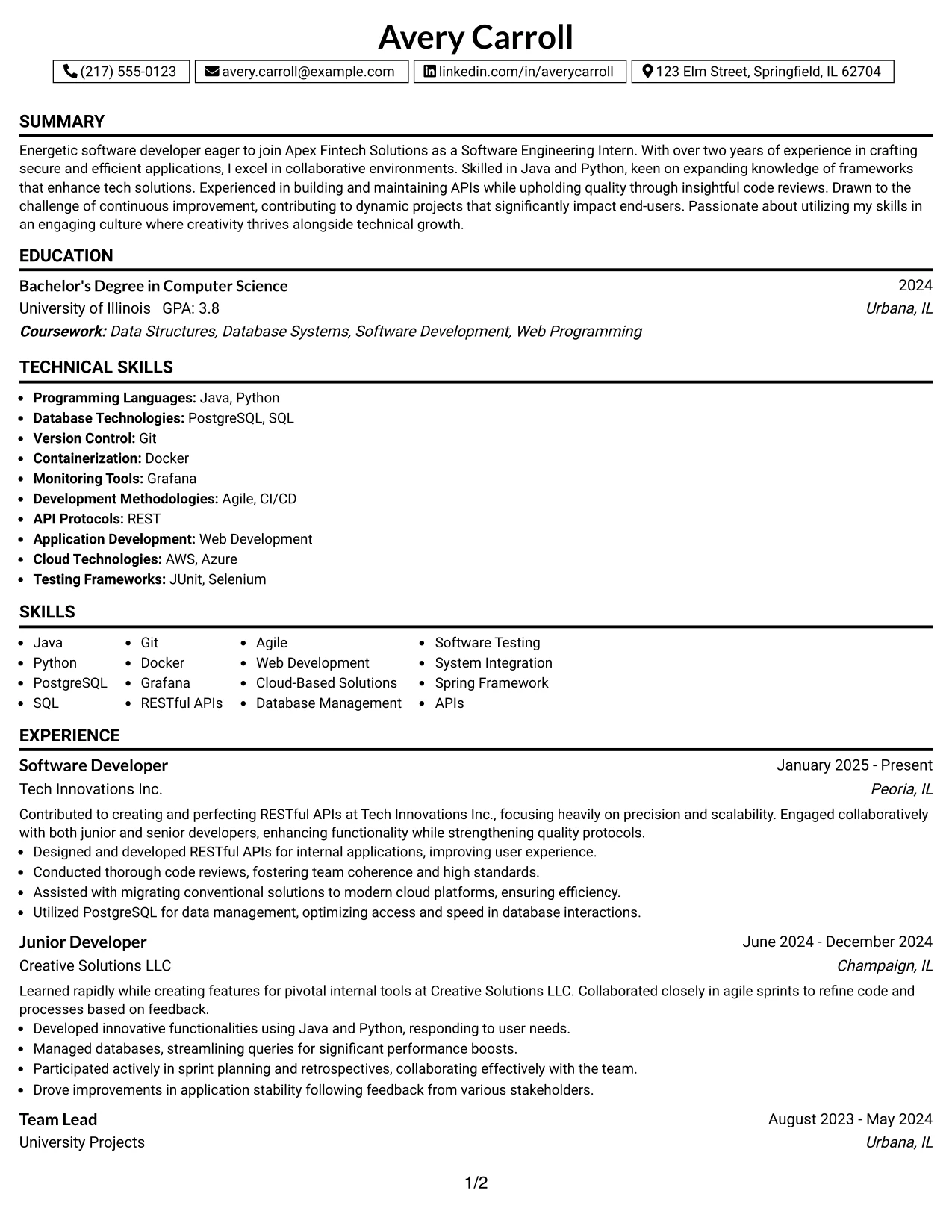 Resume Example Page 1