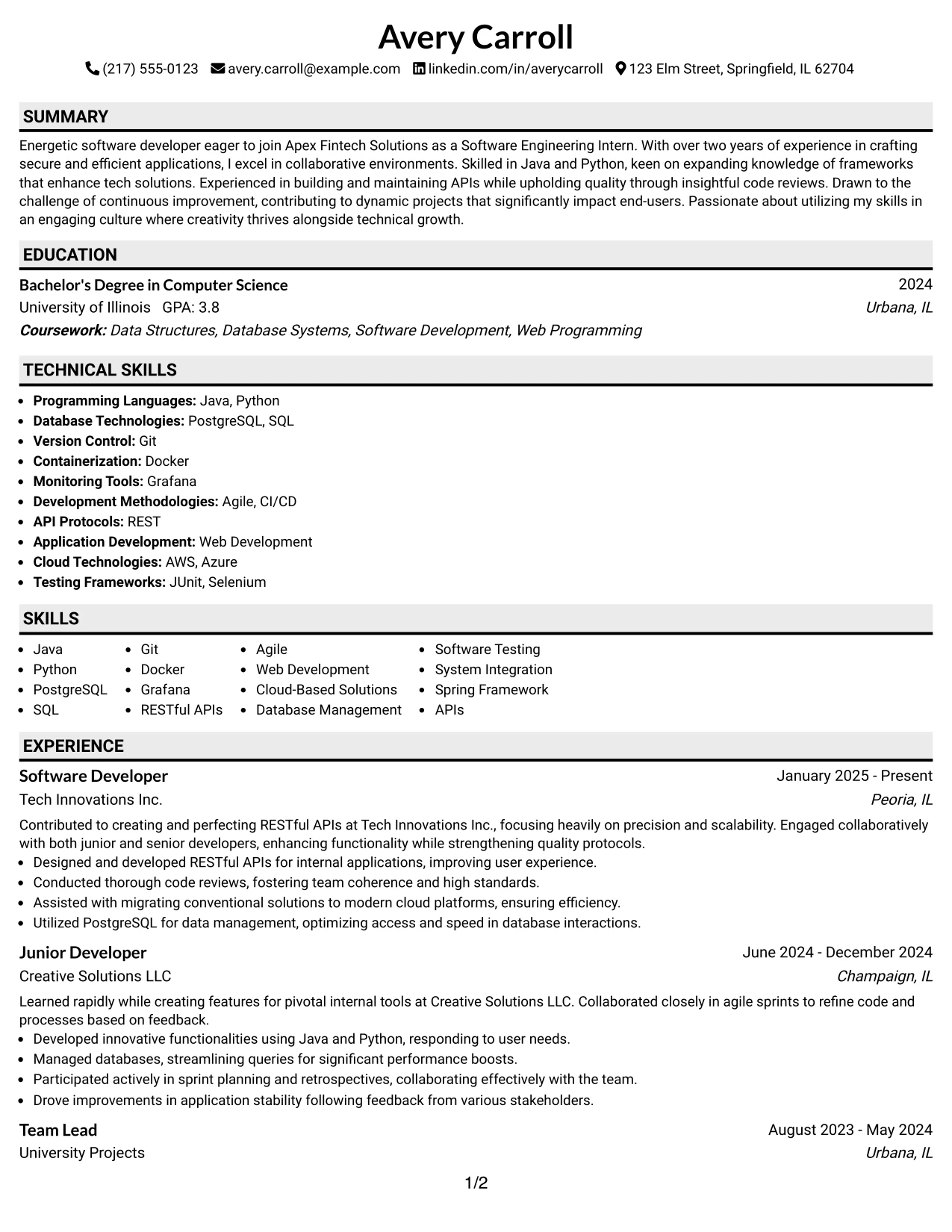 Resume Example Page 1